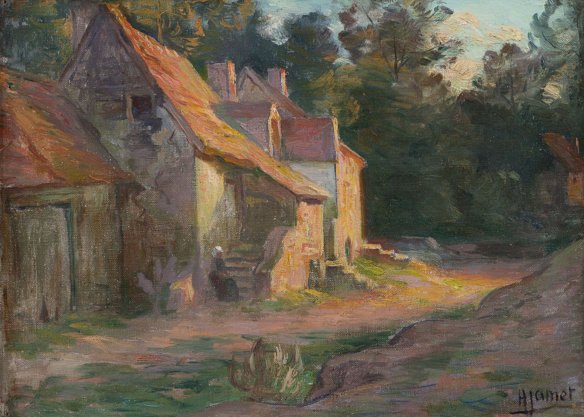Henri JAMET (1858-1921) Paysanne assise sur les marches de sa maison.

Huile sur&hellip;