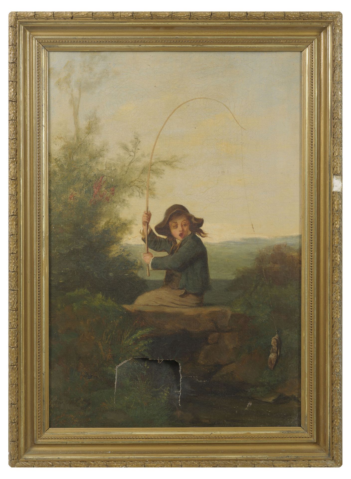 Ecole du XIXème siècle 年轻的渔夫，糟糕的渔获!

布面油画。

左下角有签名 "Hélène ... "的痕迹。

56 x 37.5厘&hellip;