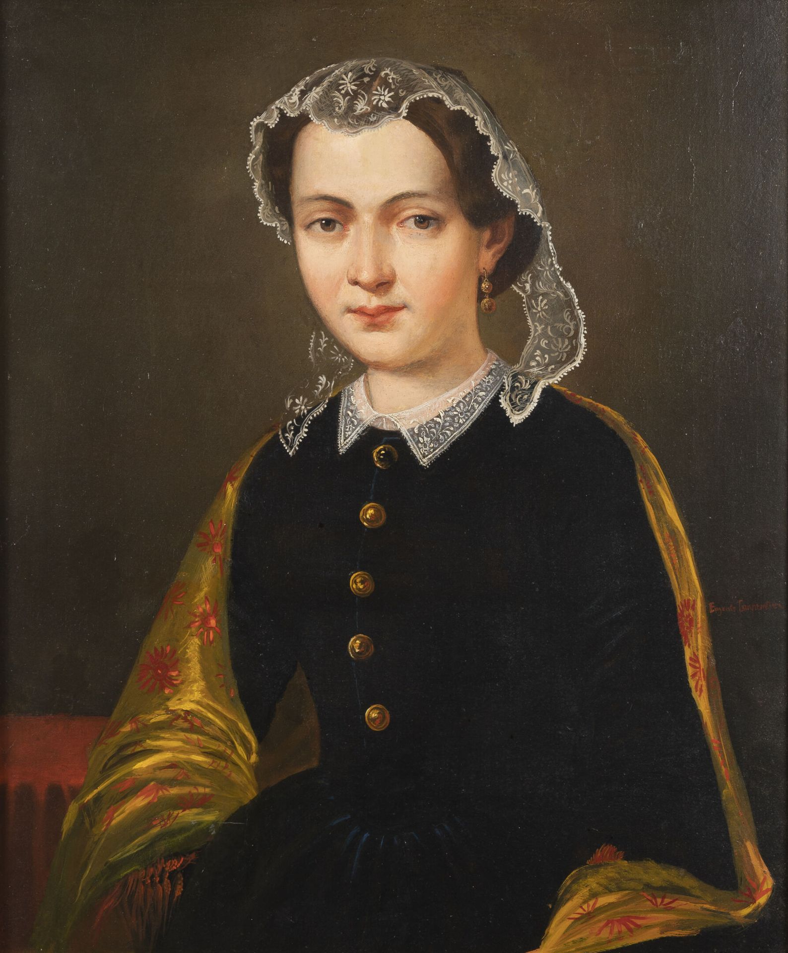 Eugènie CARPENTIER XIXème siècle Portrait de femme au fichu et col en dentelle. &hellip;
