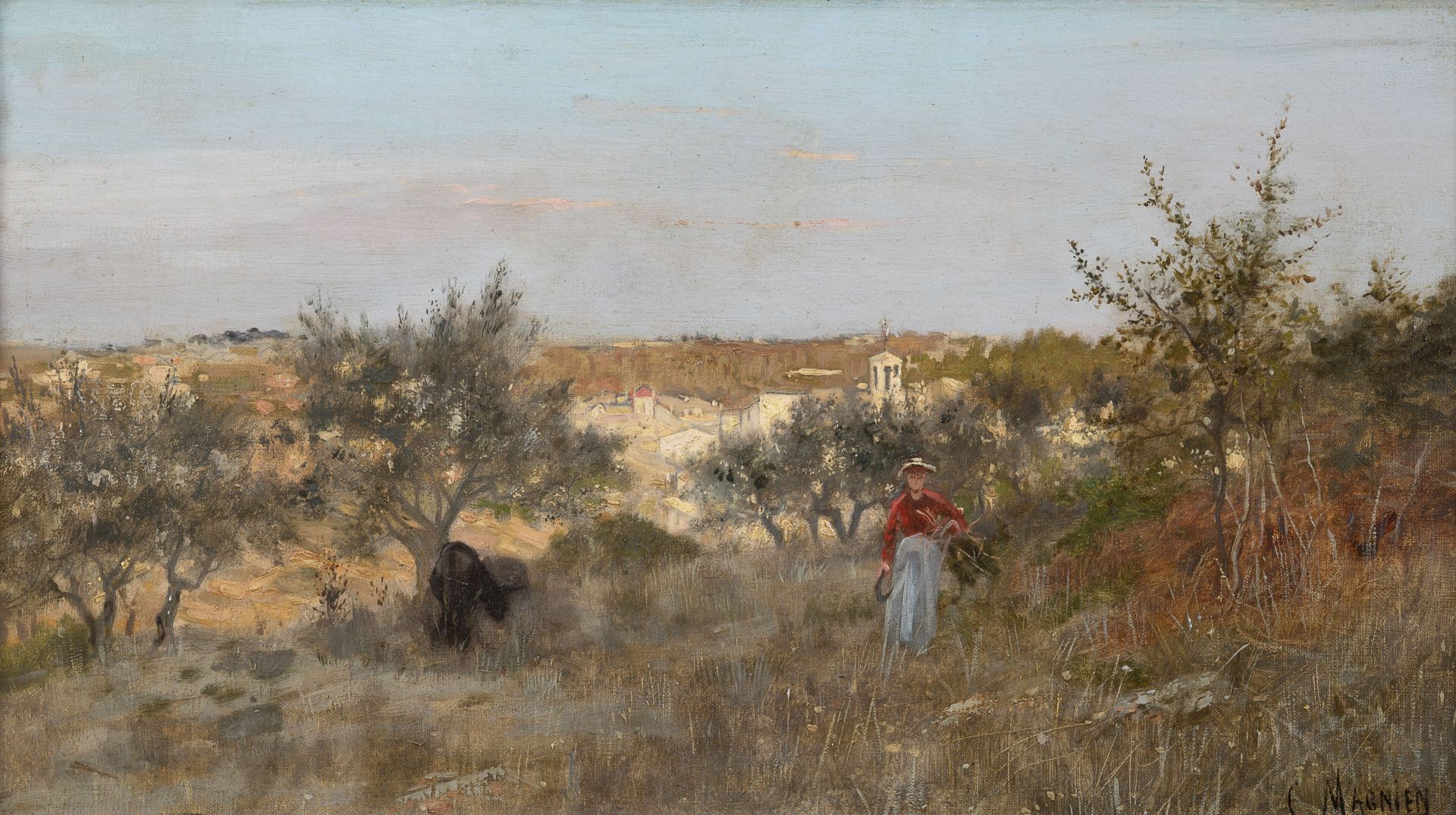 C. MAGNIEN (XIX-XXème siècle) 南方风景中拿着拖把的年轻女子。

布面油画。

右下方有签名。

26 x 46 厘米。

背面有碎&hellip;