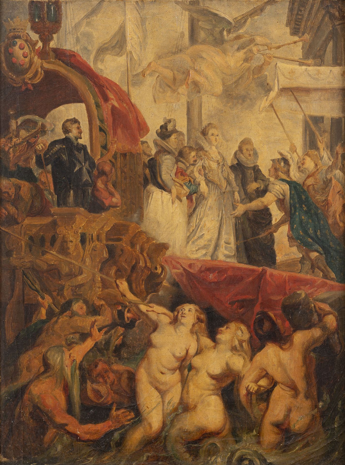 D'après Peter Paul RUBENS (1577-1640) 玛丽-德-美第奇的登陆。

裱在纸板上的布面油画。

40 x 30厘米。

裂缝，&hellip;