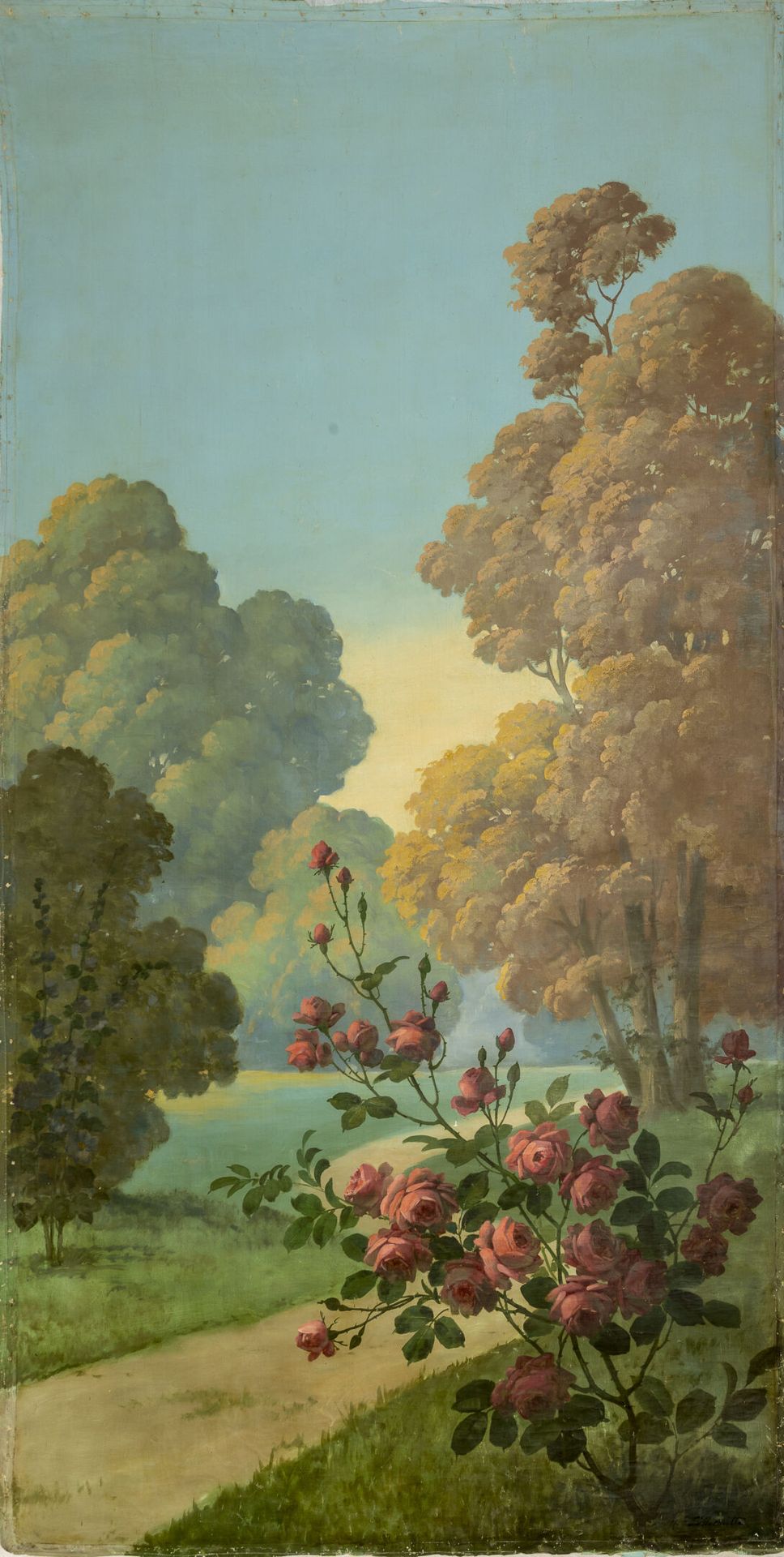 Ecole du XIXème siècle 景观，以玫瑰花丛为界的小路。

布面油画，无框架。轧制。

右下方有签名 "M. L'HERMITTE"。

可能&hellip;