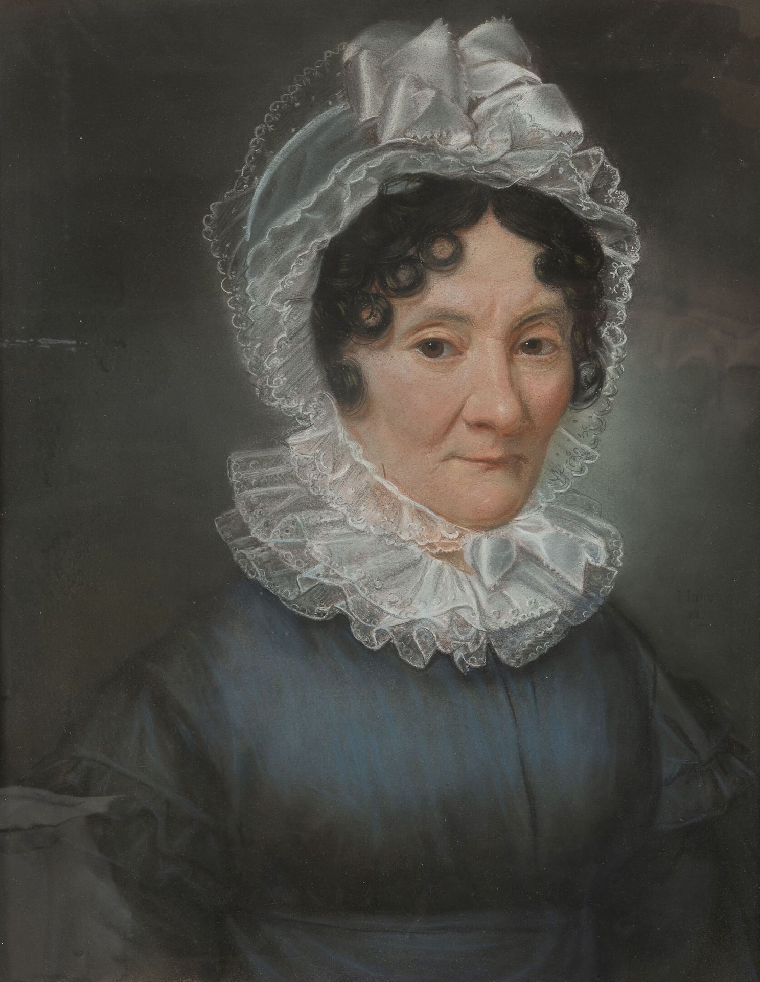 École française du XIXème siècle. Portrait of a woman with a lace bonnet and col&hellip;