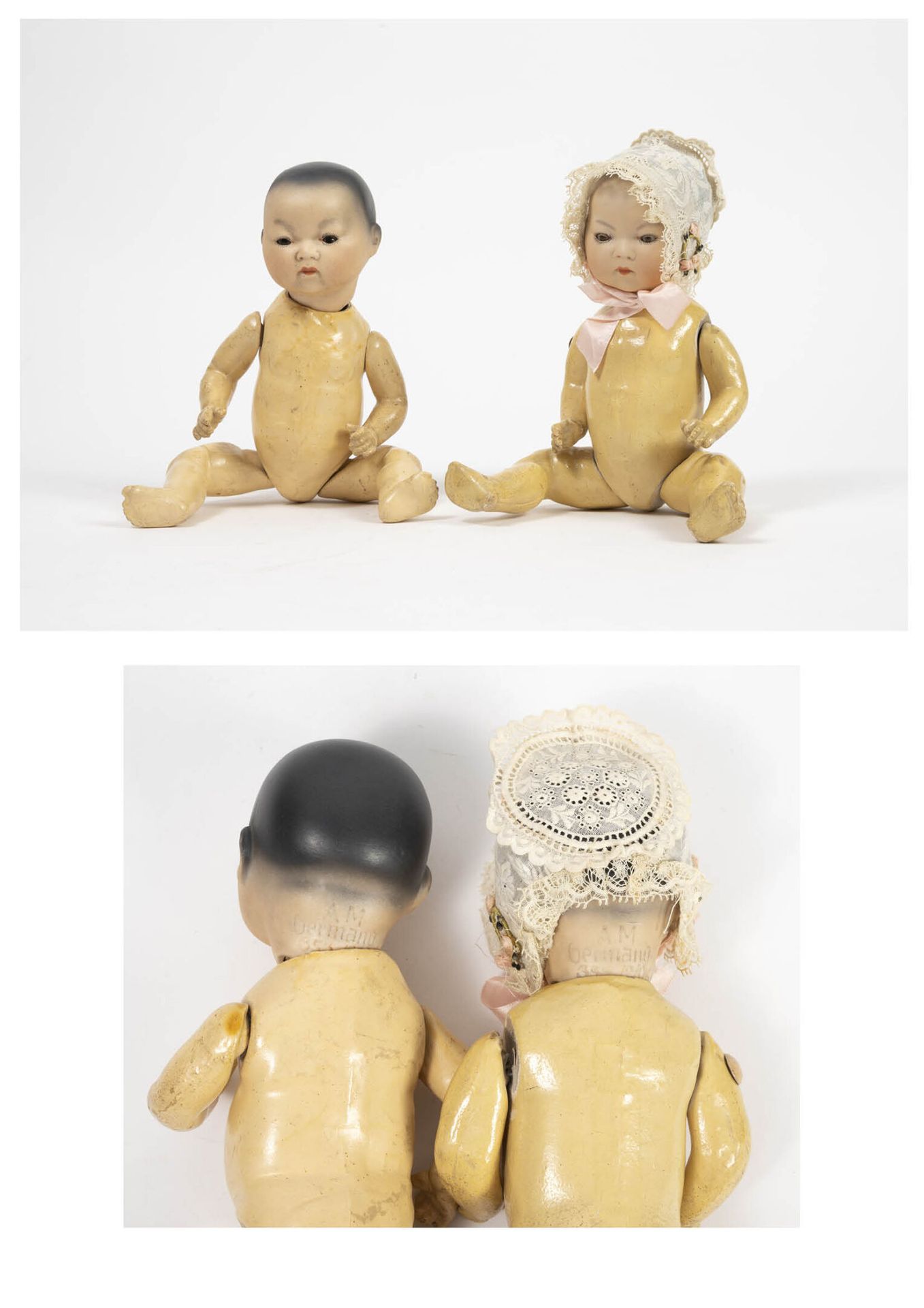 ARMAND MARSEILLE 两个亚洲双胞胎娃娃。

全瓷头，头发有彩绘，嘴巴紧闭，脖子上有 "AM德国353.72/OK "的字样，眼睛是移动的斜面。

&hellip;