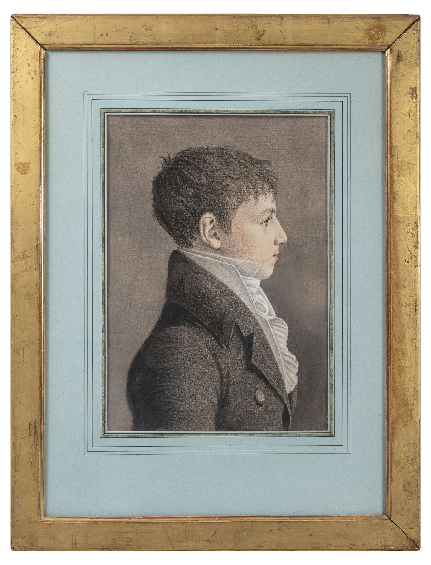 Ecole du XIXème siècle 查尔斯-埃德蒙-让-普鲁士（1797-1871）的推定轮廓，年轻男子，身穿连衣裙。

炭笔和铅笔在纸上。

34 &hellip;