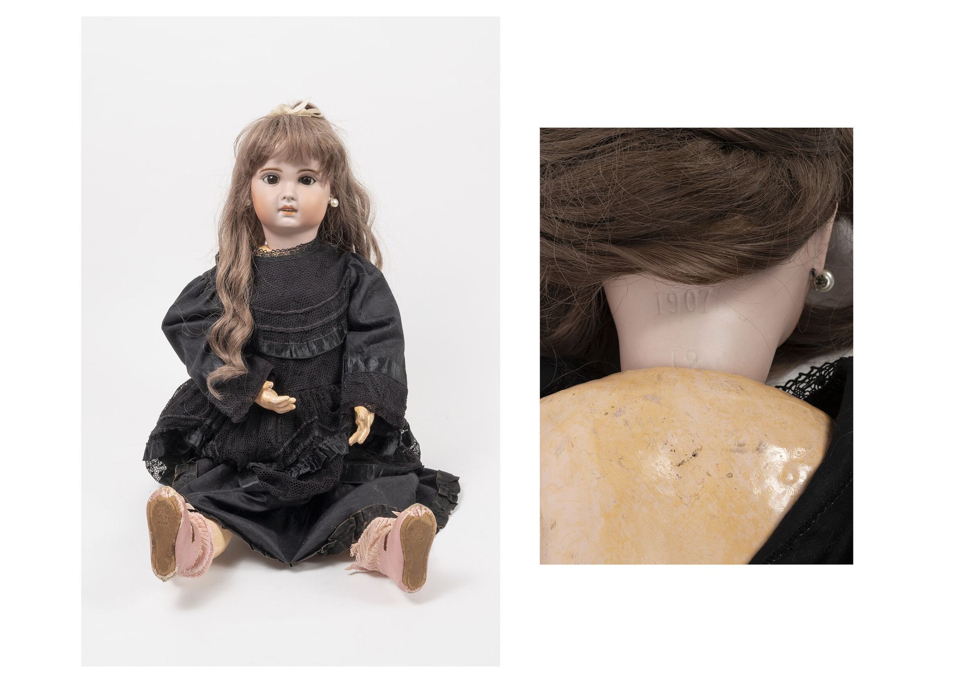 POUPÉE FRANCAISE 娃娃

标有1907年Jumeau类型的瓷质头像，嘴里张着一排牙齿，棕色的睡眼。

构成中的身体衔接。

假发连接在chata&hellip;