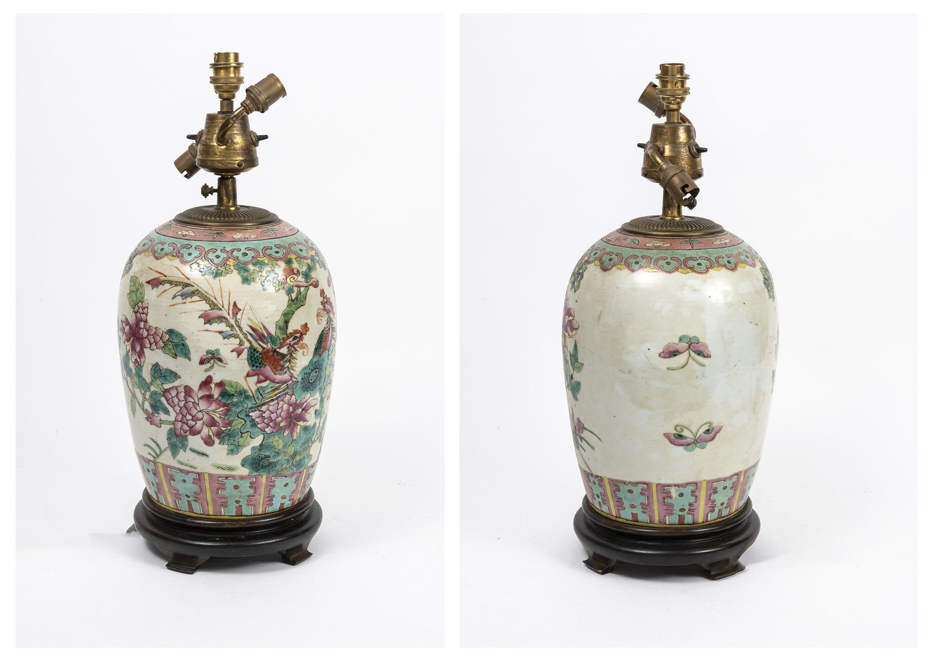 CHINE, début du XXème siècle 白瓷姜罐，有多色装饰，两只凤凰栖息在花枝和蝴蝶中。

作为一盏灯安装。

高度：30厘米。

不带盖子&hellip;