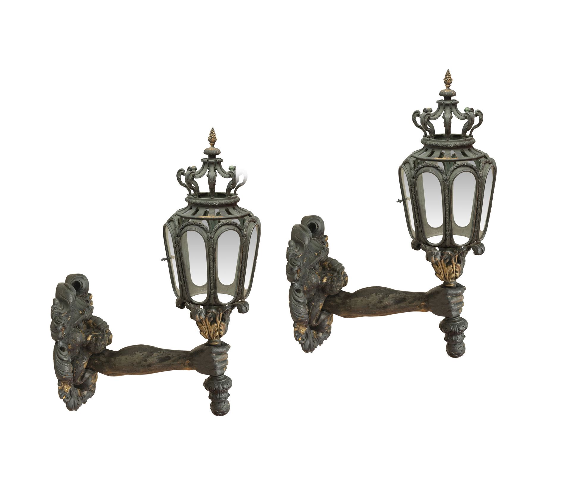 Null 
A pair of large bronze sconce lanterns, formerly gilt, repainted in grey-b&hellip;