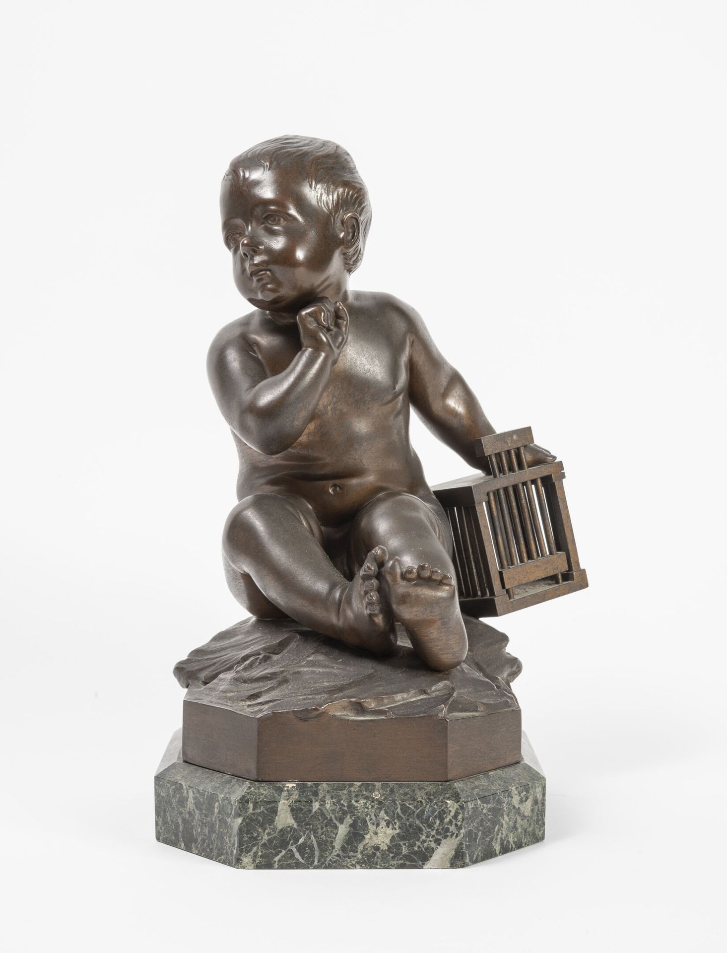 D'après Jean-Baptiste PIGALLE (1714-1785) Kind mit Käfig. 

Bronzebeschichtung m&hellip;