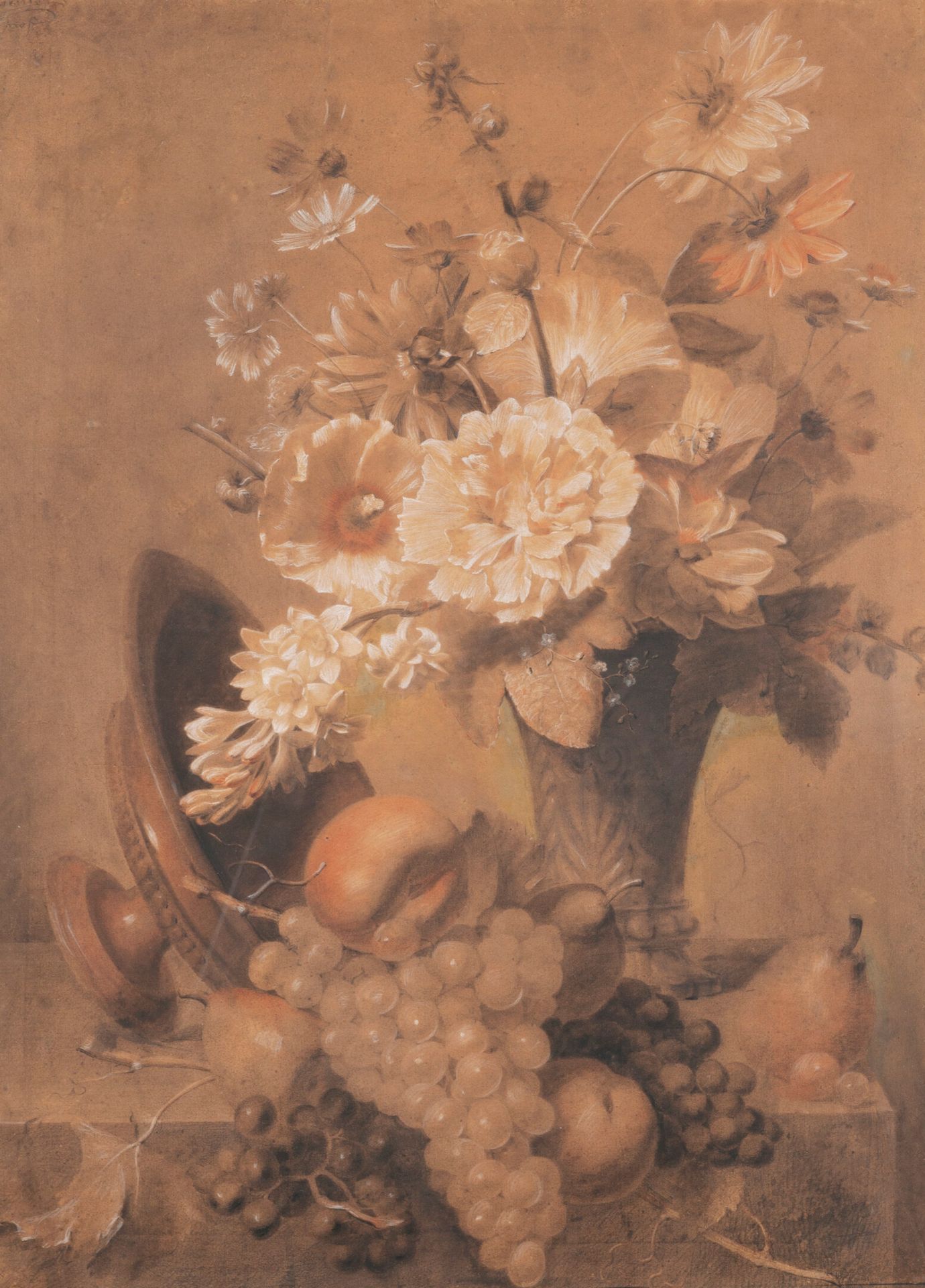 Augustin THIERRIAT (1789-1870) 葡萄杯和倒置的梨子以及花瓶，在一个夹板上。

用粉笔、木炭和白色的高光画。

左上方有签名。

6&hellip;