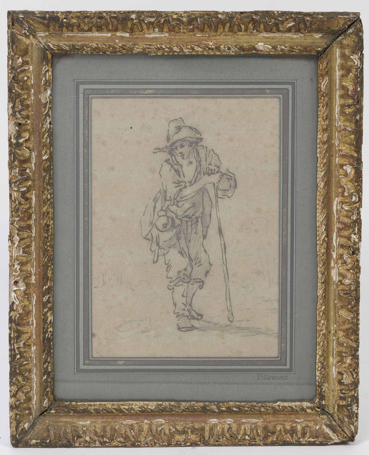 Attribué à Jean-Baptiste PILLEMENT (1728-1808) 拿着棍子和葫芦的年轻村民。

用黑石、钢笔和棕色墨水绘制，粘贴在纸&hellip;