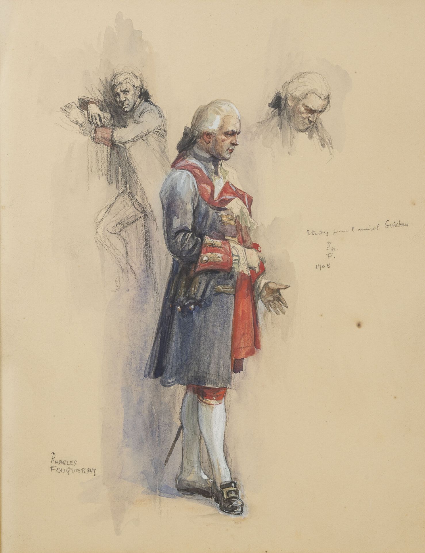 Charles FOUQUERAY (1869-1956) 为海军上将吉辰所作的研究，1908年。

纸上水墨和水彩画。

右中和左下有签名、标题和日期。

3&hellip;