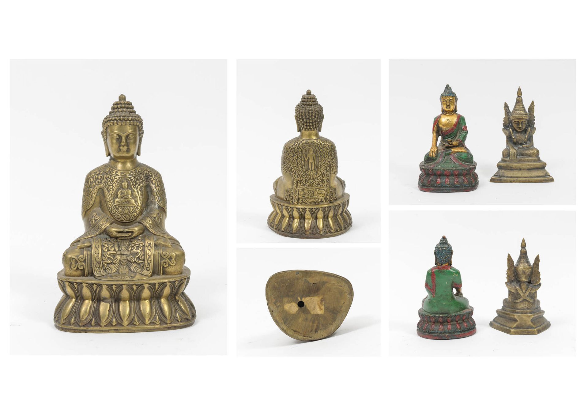 BIRMANIE ou CHINE, XXème siècle Bouddha. 

Trois statuettes en laiton doré, dont&hellip;