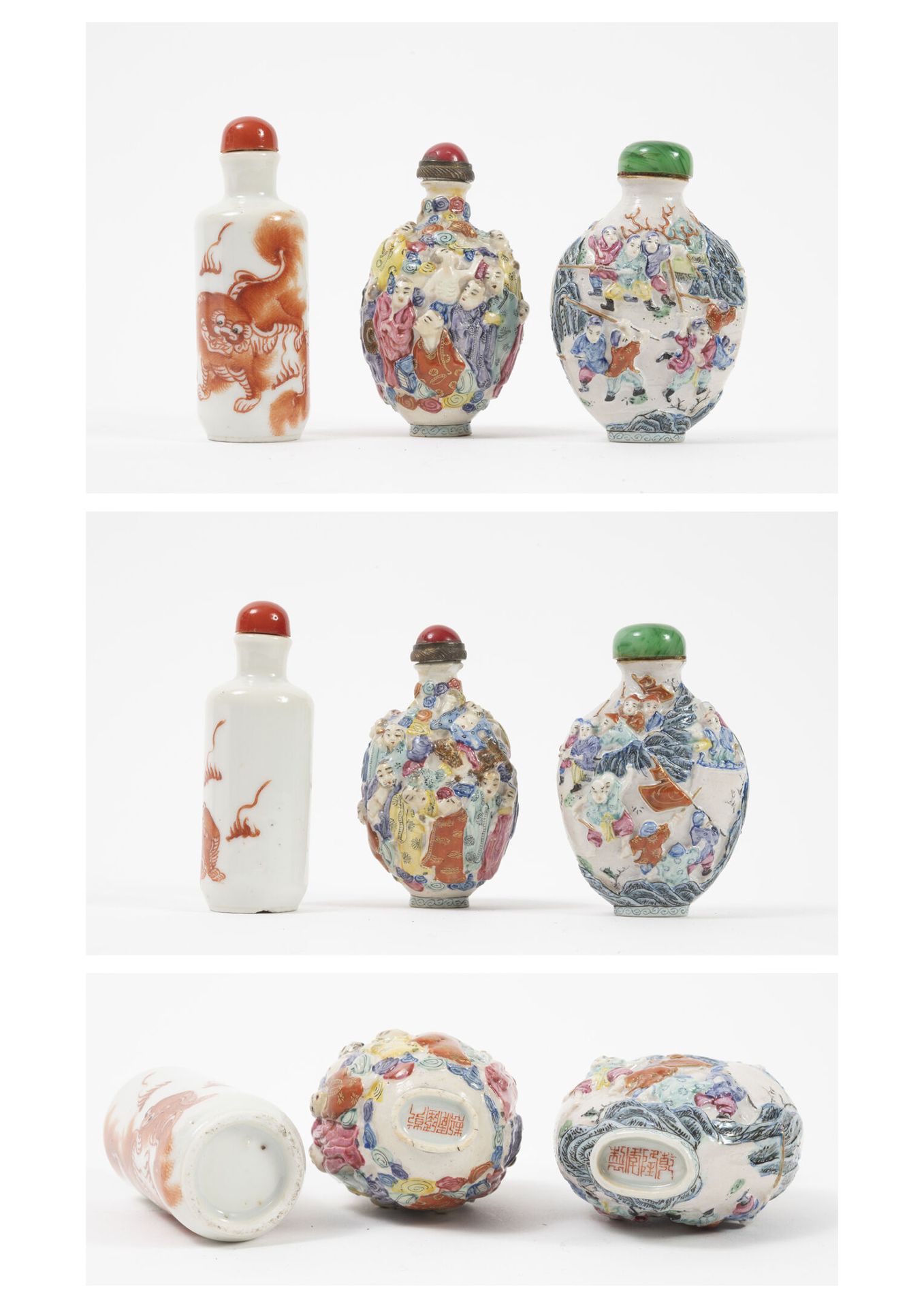 CHINE, XXème isècle Tres botellas de rapé de porcelana blanca: 

- Una decorada &hellip;