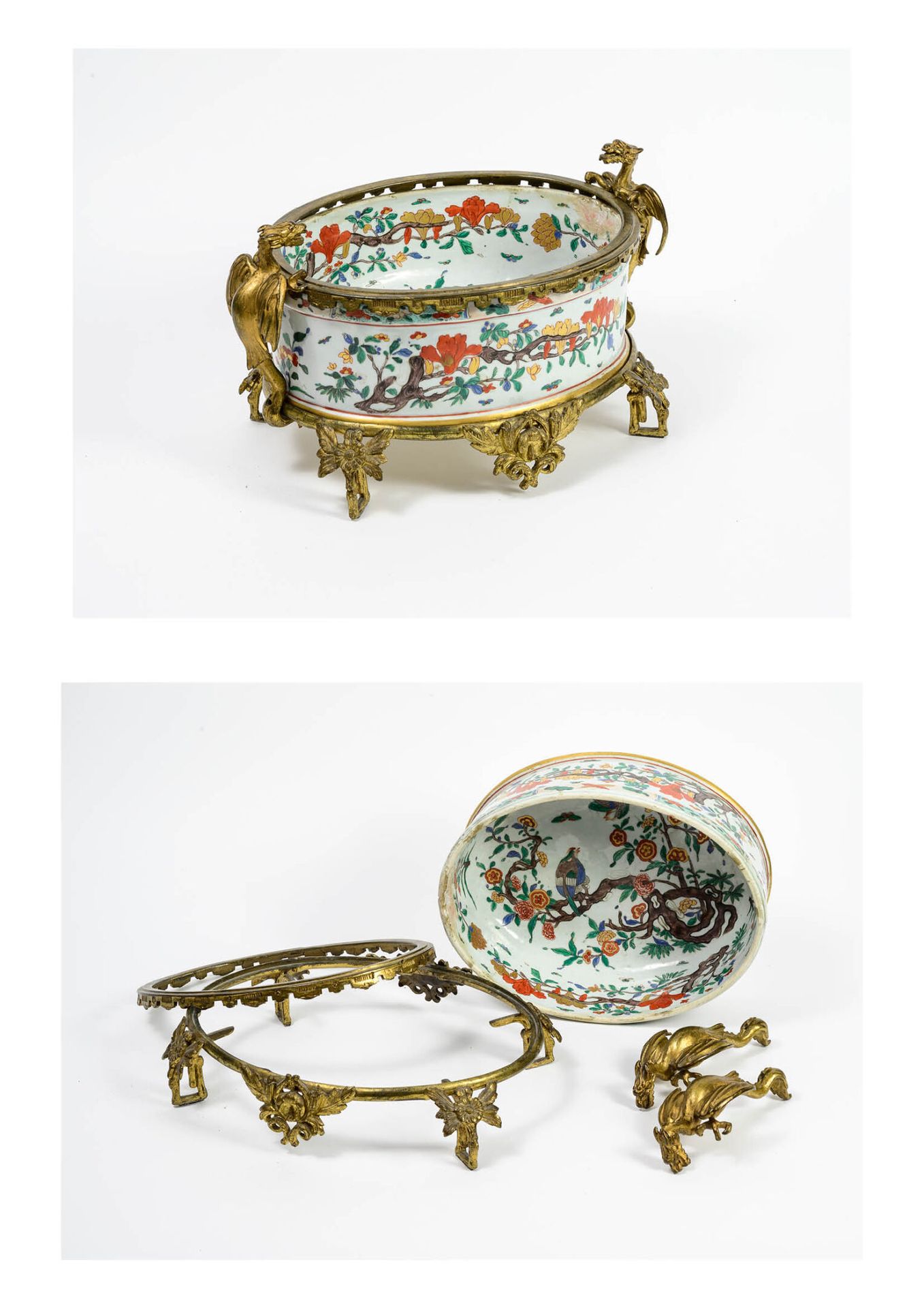 CHINE, XIXÈME SIÈCLE 
Oval porcelain planter with polychrome and gilded enamel d&hellip;