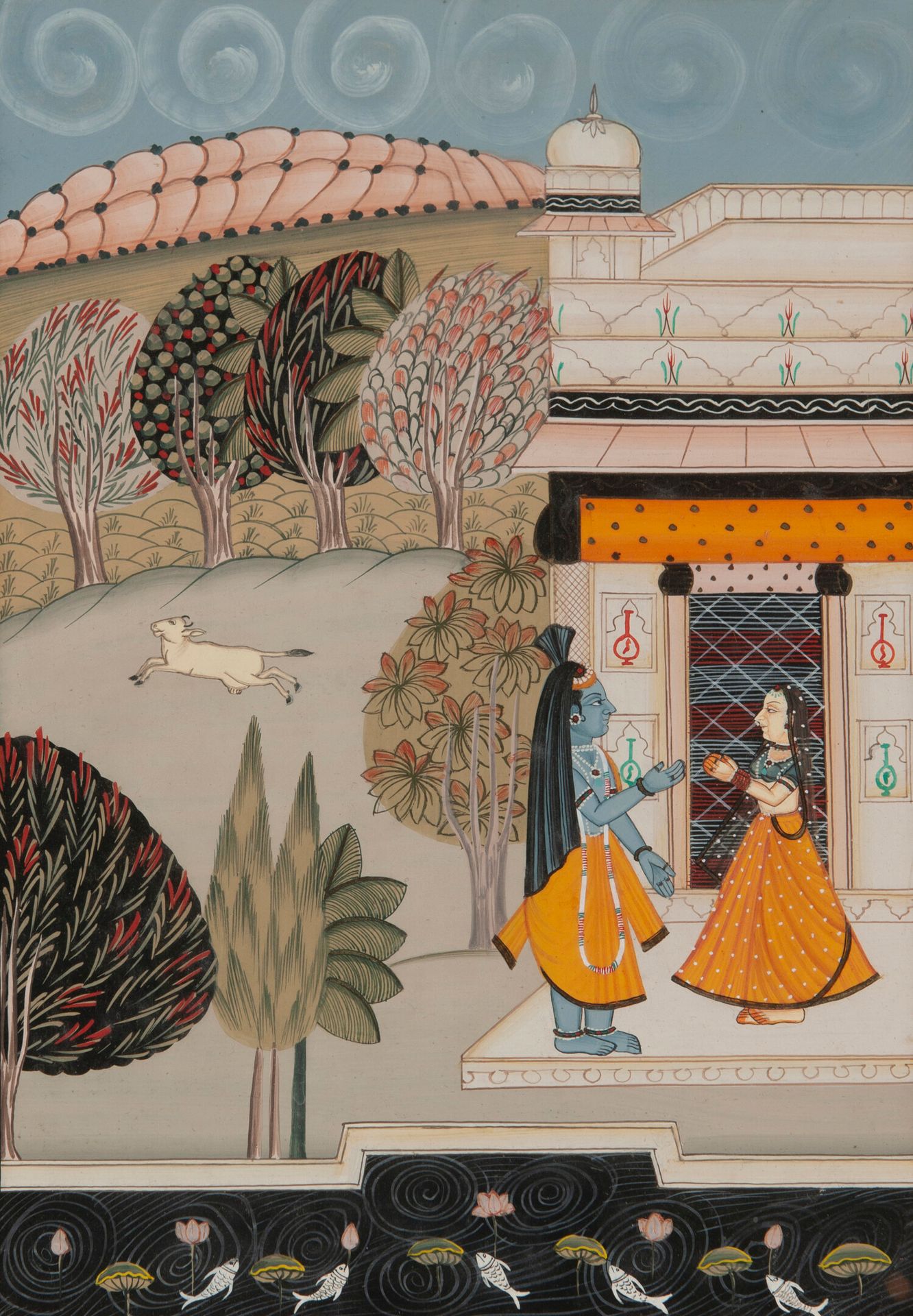 INDE, début du XXème siècle. God Rama (?) and woman on the terrace of a palace.
&hellip;