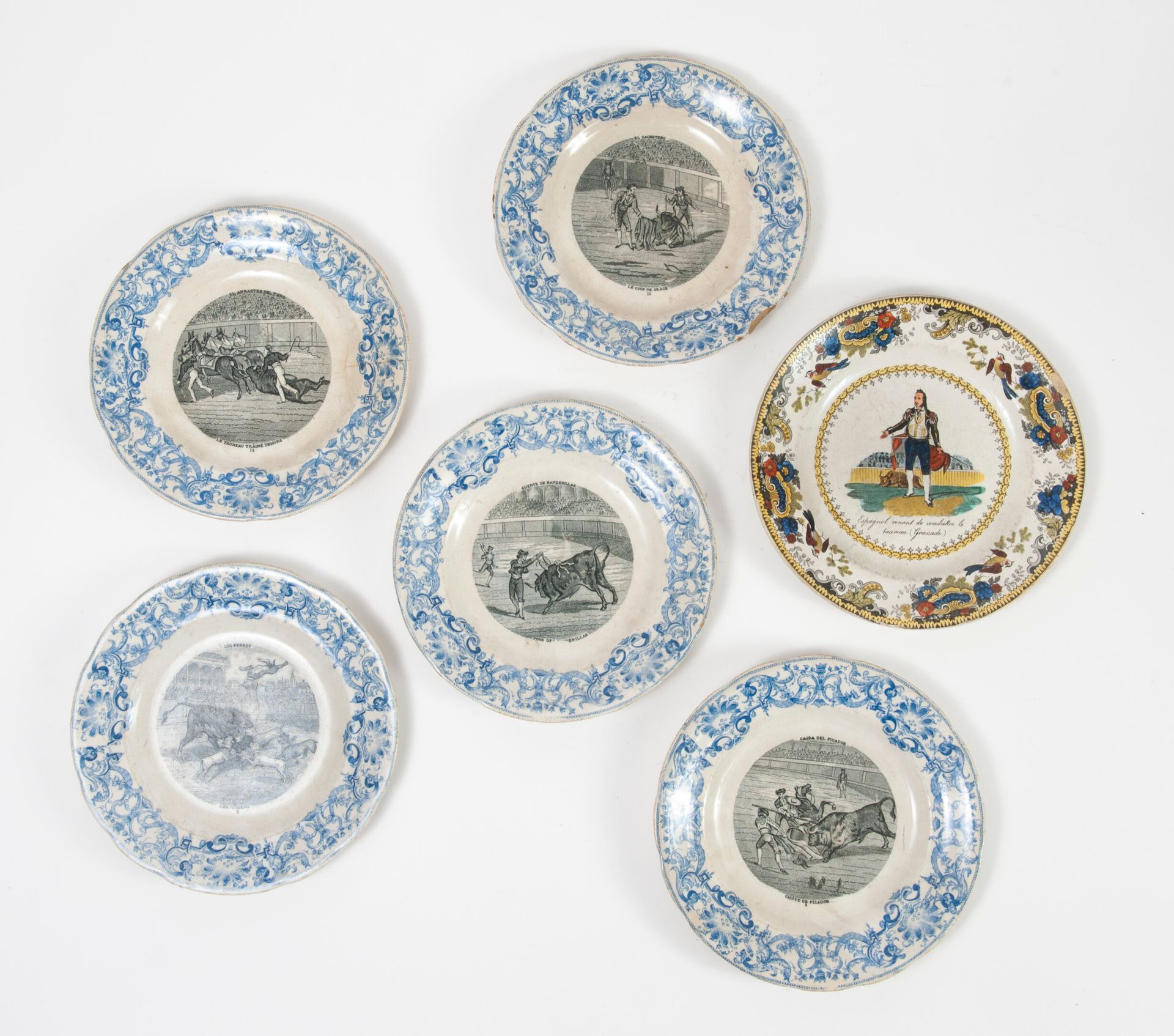 GIEN Six earthenware plates, three models, on the theme of bullfighting.

Signed&hellip;