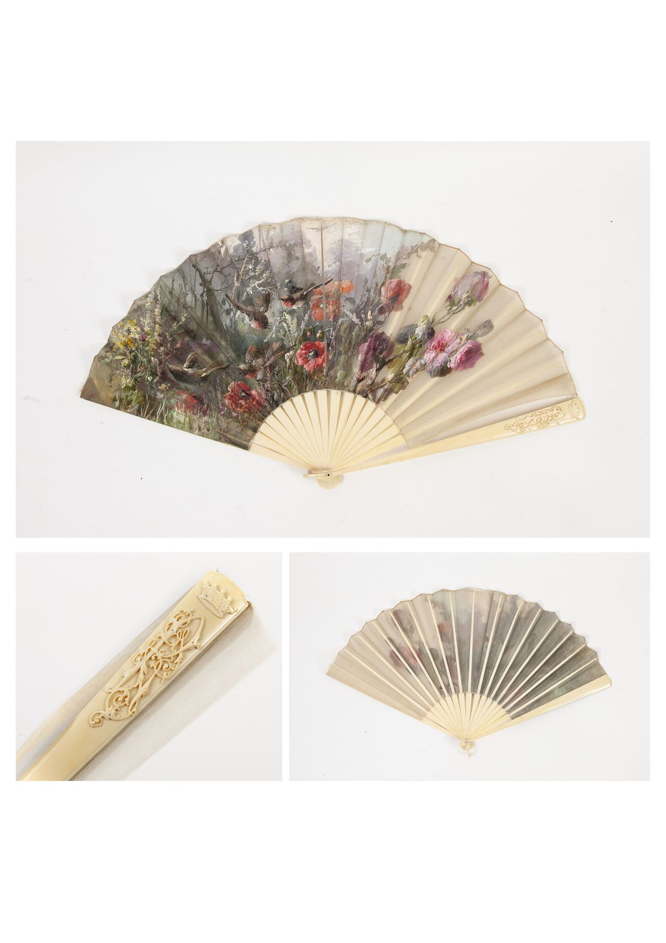 FRANCE, vers 1880-1900 Folded fan.

Gauze leaf painted with red-throated birds f&hellip;