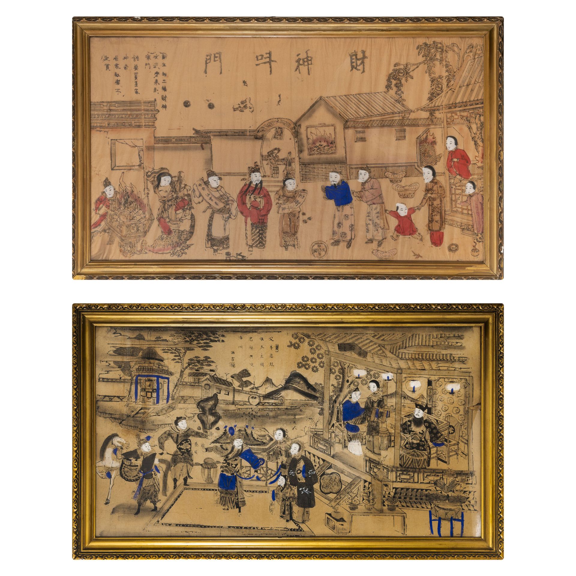 CHINE, Fin du XIXème ou début du XXème siècle 宫殿或街景。

丝绸上的两个水墨模版和多色水粉亮点。

56 x 9&hellip;
