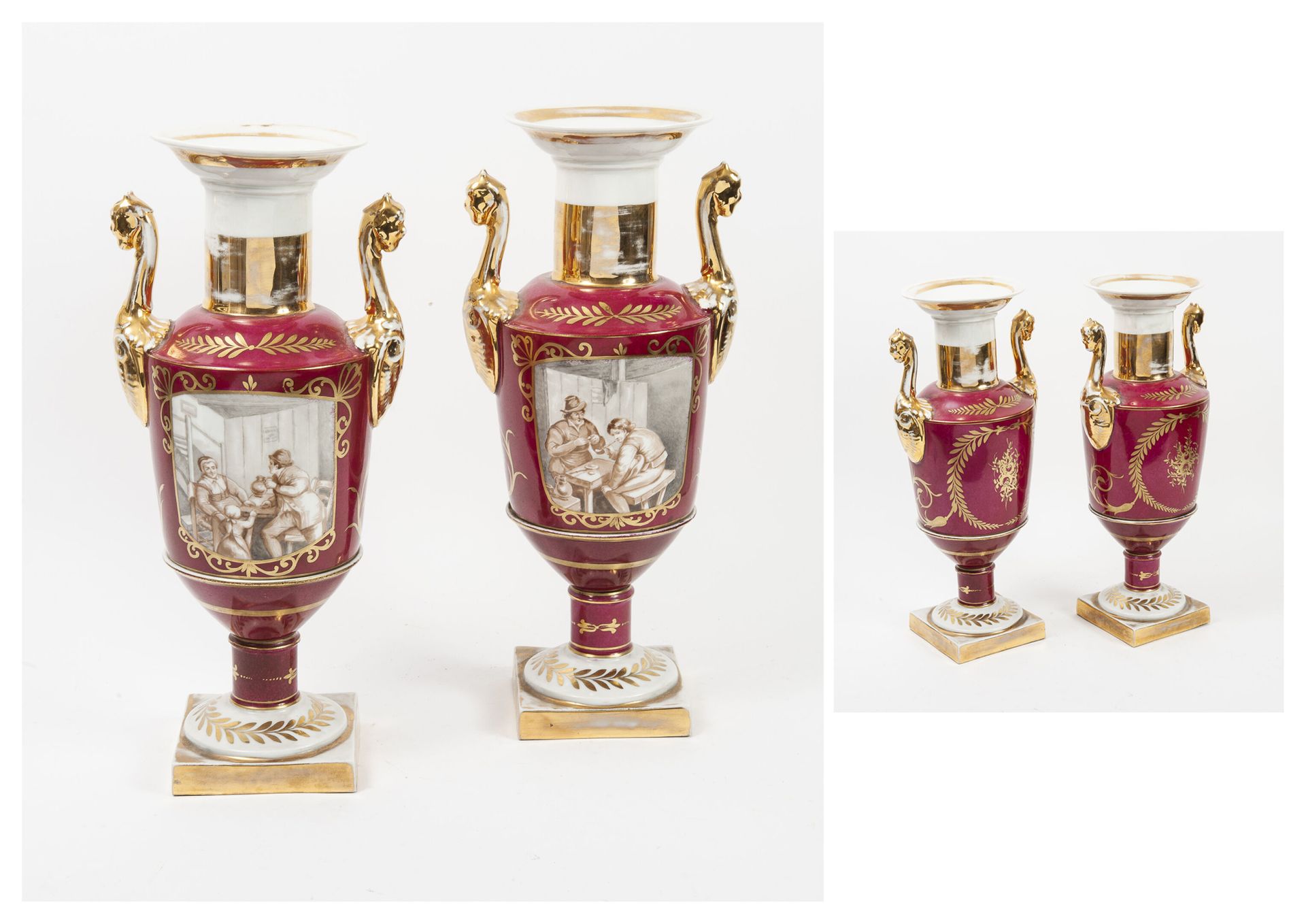 Style Empire, XXème siècle 一对基座上的花瓶，背景是覆盆子红、白和鎏金。

器身用储备金装饰着酒馆或室内场景的卡麦尔，并有镀金的树叶和&hellip;