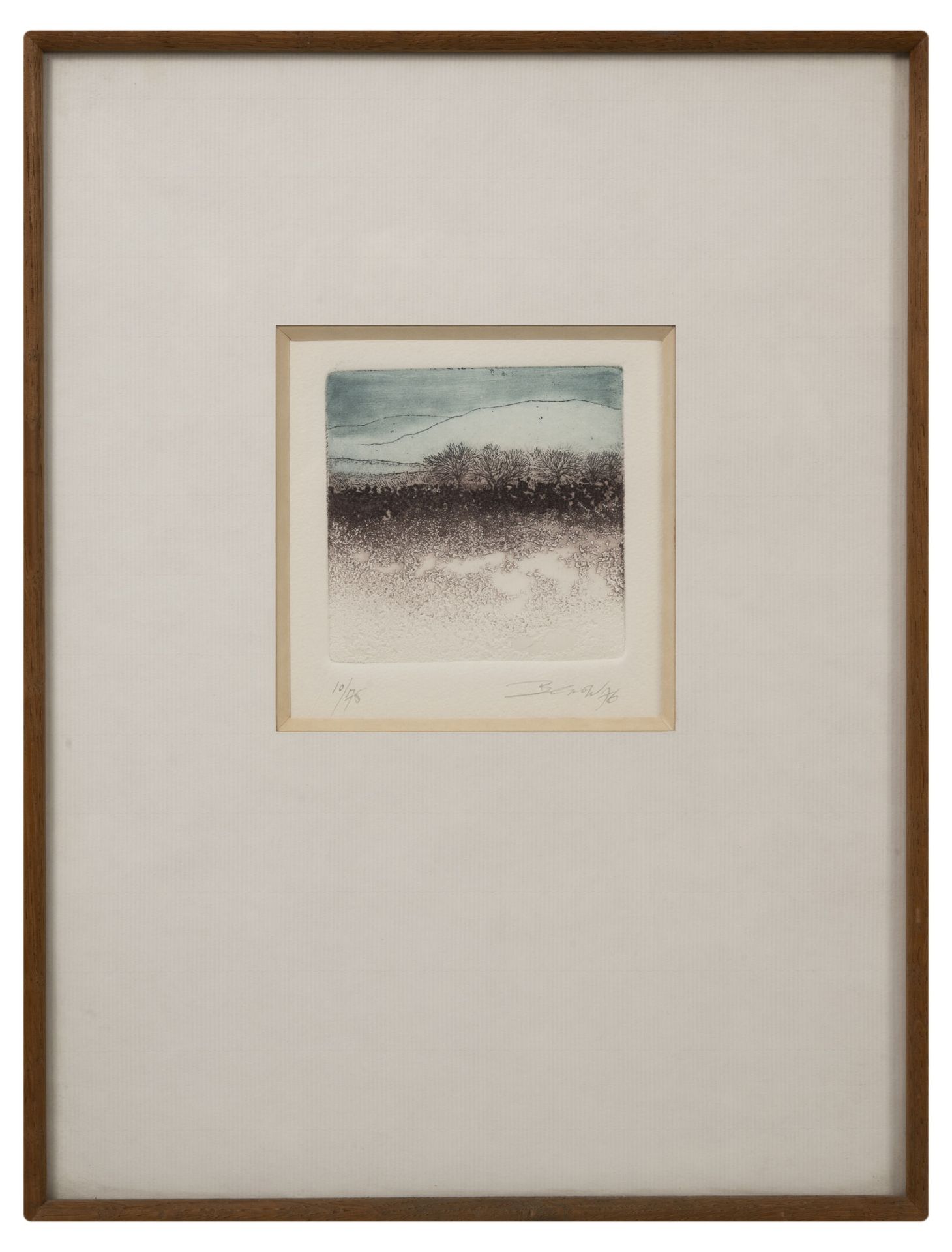 Sheila BENOW (1943) 景观，1976年。

纸上彩色蚀刻画。

右下方有签名和日期，左下方有编号10/75。

11 x 11厘米（展出）。