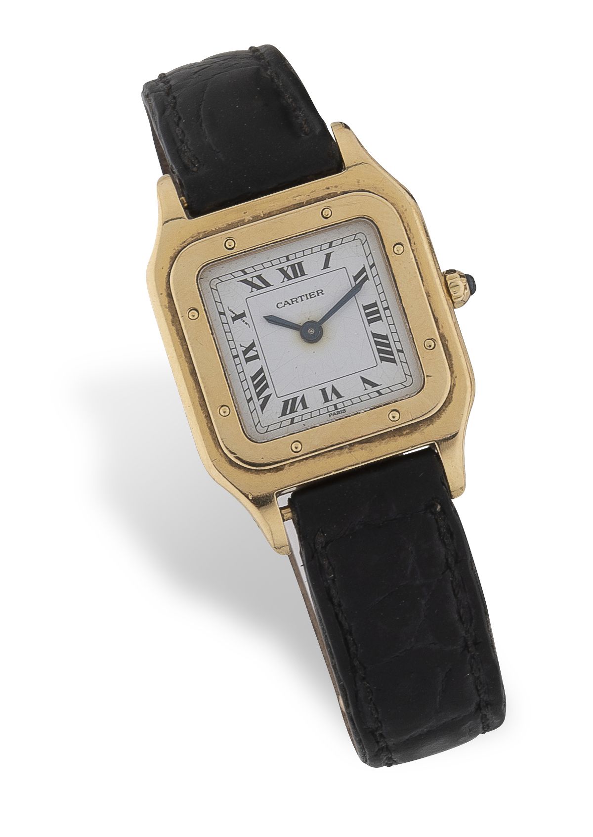 CARTIER "Santos" 黄金女士腕表（750）。

白色珐琅表盘，签名，以及罗马数字的时标，分钟轨道。

螺钉固定的表圈。

石英机芯。

夹在后面。&hellip;