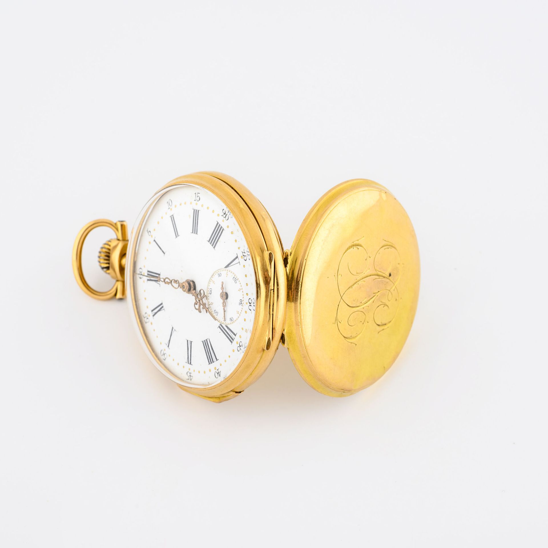 Null Yellow gold (750) pocket watch.

Numerical back cover. 

White enamelled di&hellip;