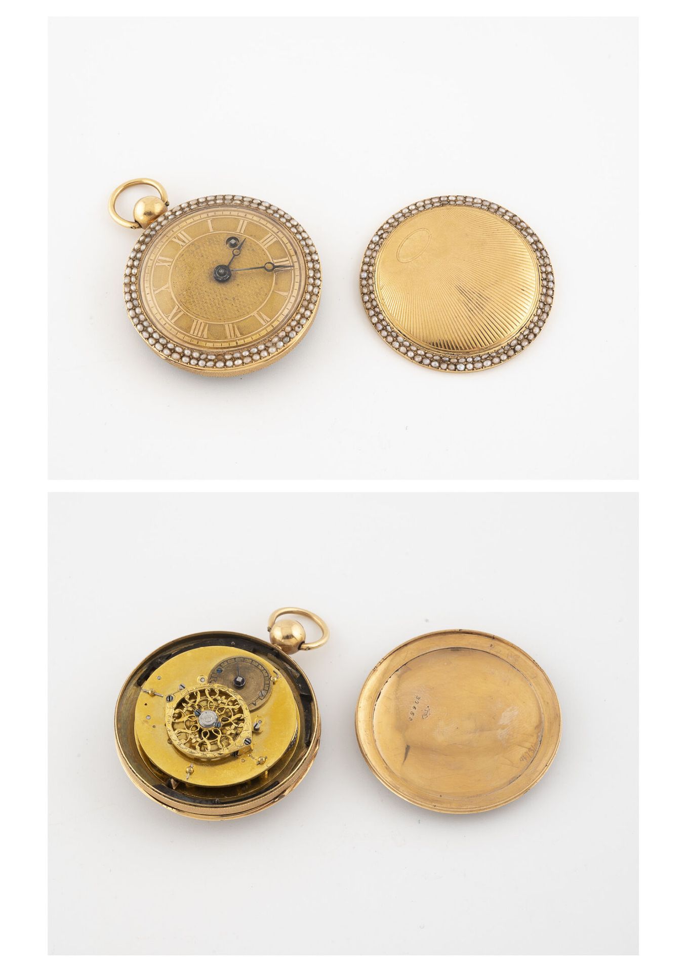 Null Yellow gold (750) pocket watch.

Guilloché back cover with radiating decora&hellip;