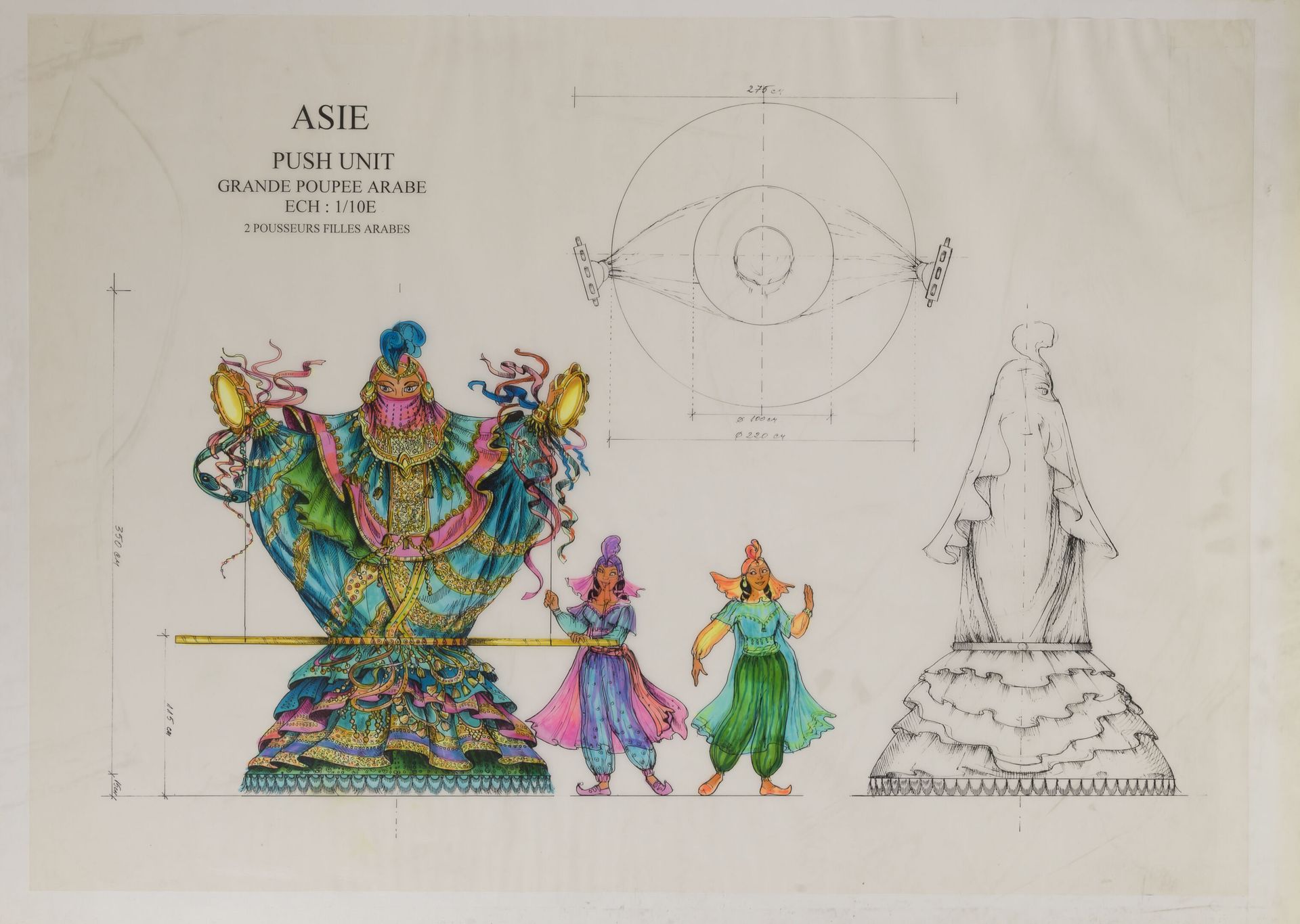 Petrika IONESCO (1946) 亚洲，推单位大型阿拉伯娃娃。

巴黎迪斯尼乐园的项目。

墨水和毛笔在印有背景的描图纸上（粘在纸板上面）。

无符&hellip;