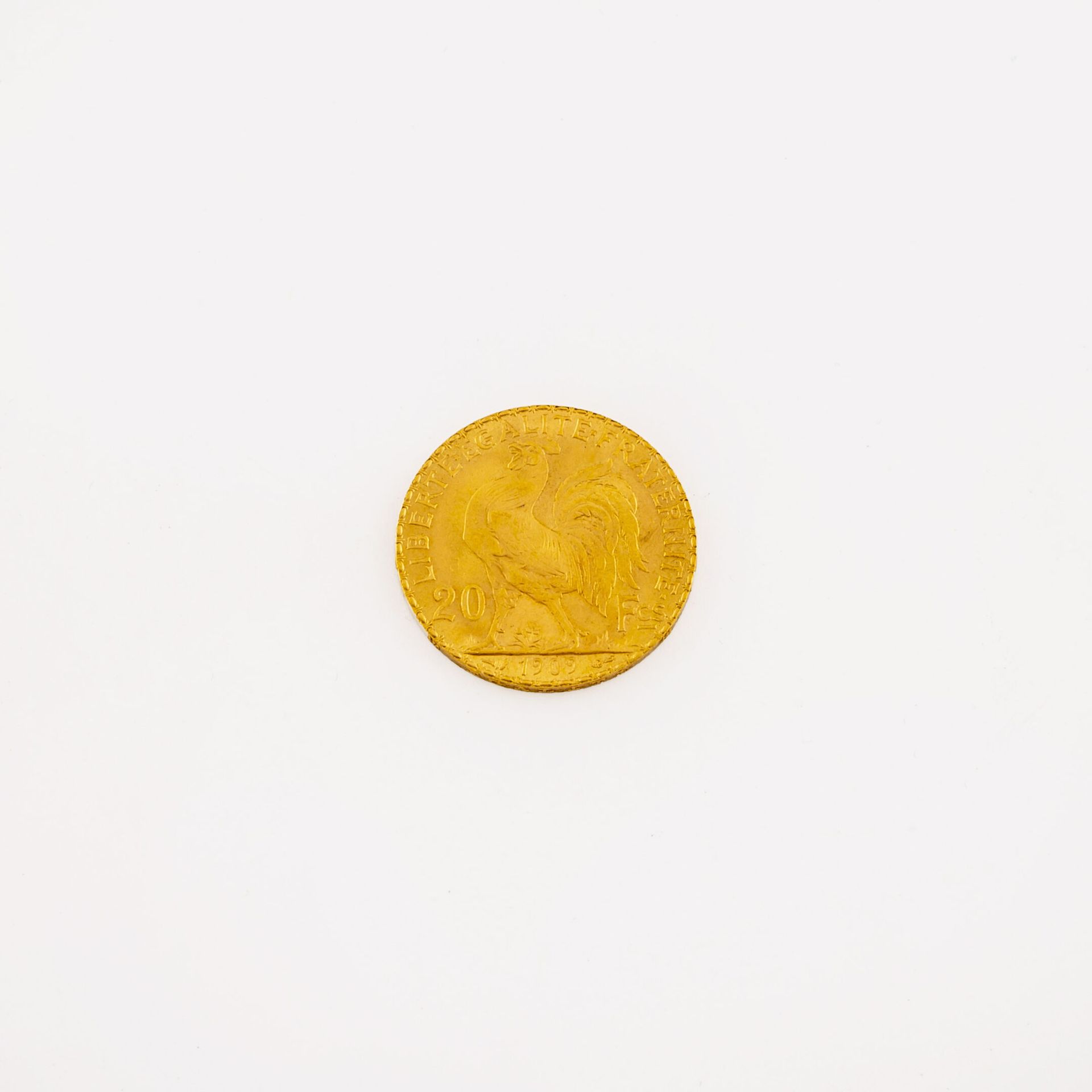France 20法郎金币，第三共和国，Au coq，1909年。

重量：6.4。

磨损和一些划痕。