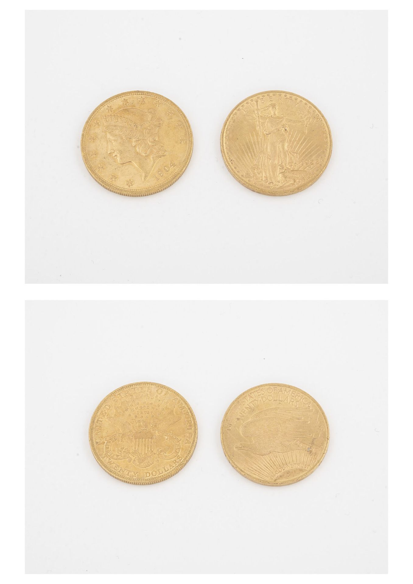 ÉTATS UNIS Two 20 dollars gold coins, 1904 and 1922. 

Total weight : 66.8 g. 

&hellip;