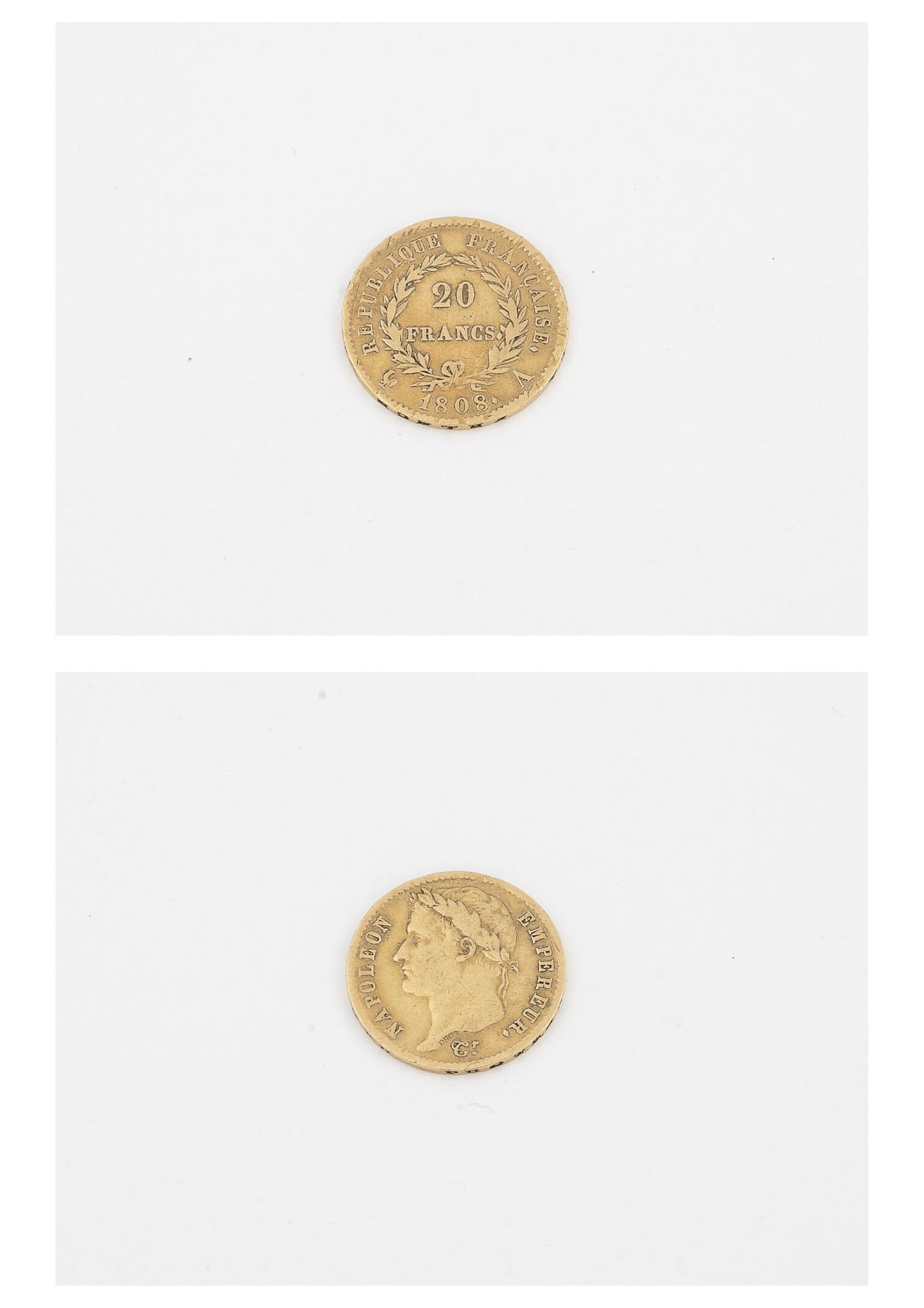 France 20-Franc-Goldmünze, 1808, Napoleon Kaiser. 

Gewicht: 6,4 g. 

Abnutzunge&hellip;