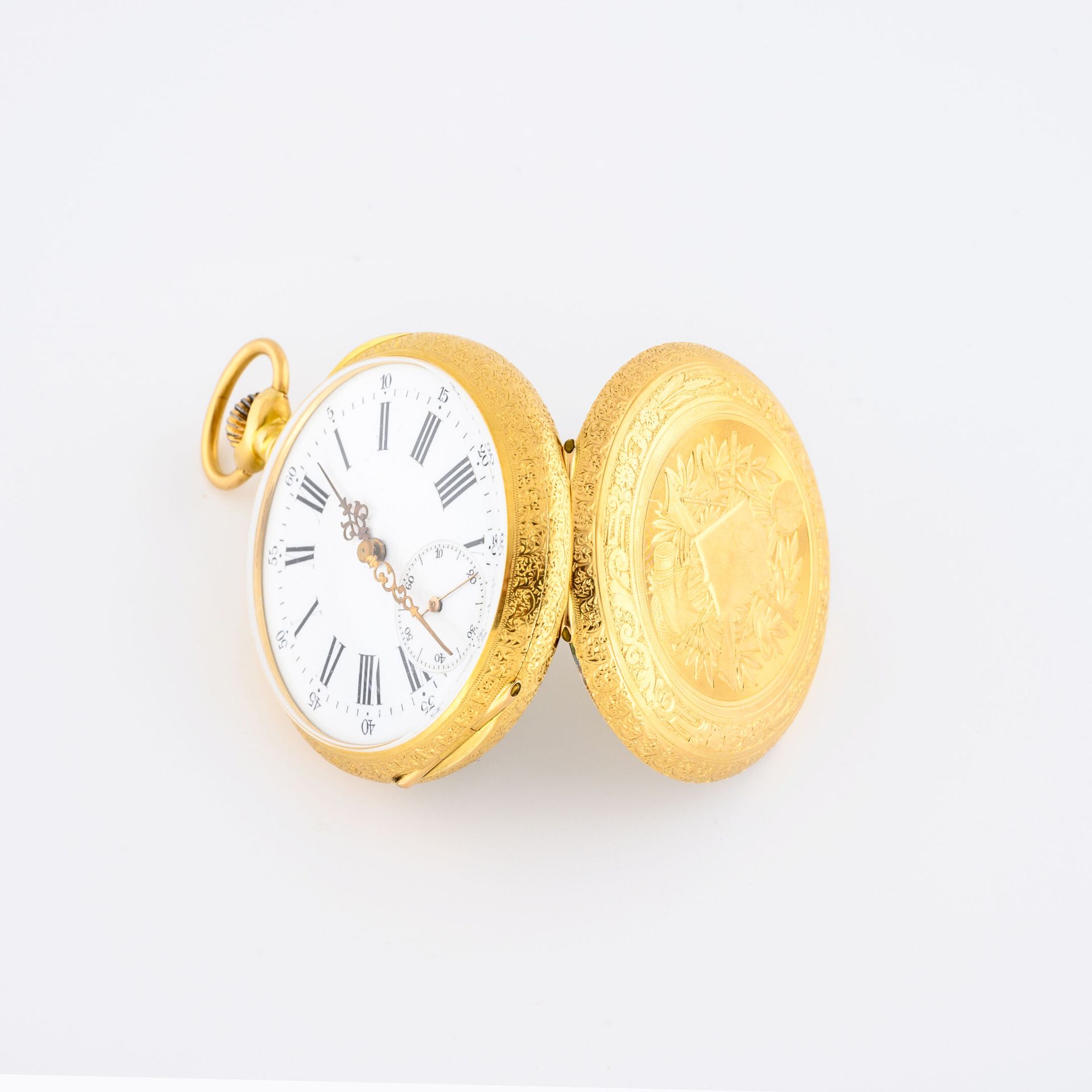 Null Taschenuhr aus Gelbgold (750).

Hinterer Deckel und Mittelteil mit ziselier&hellip;