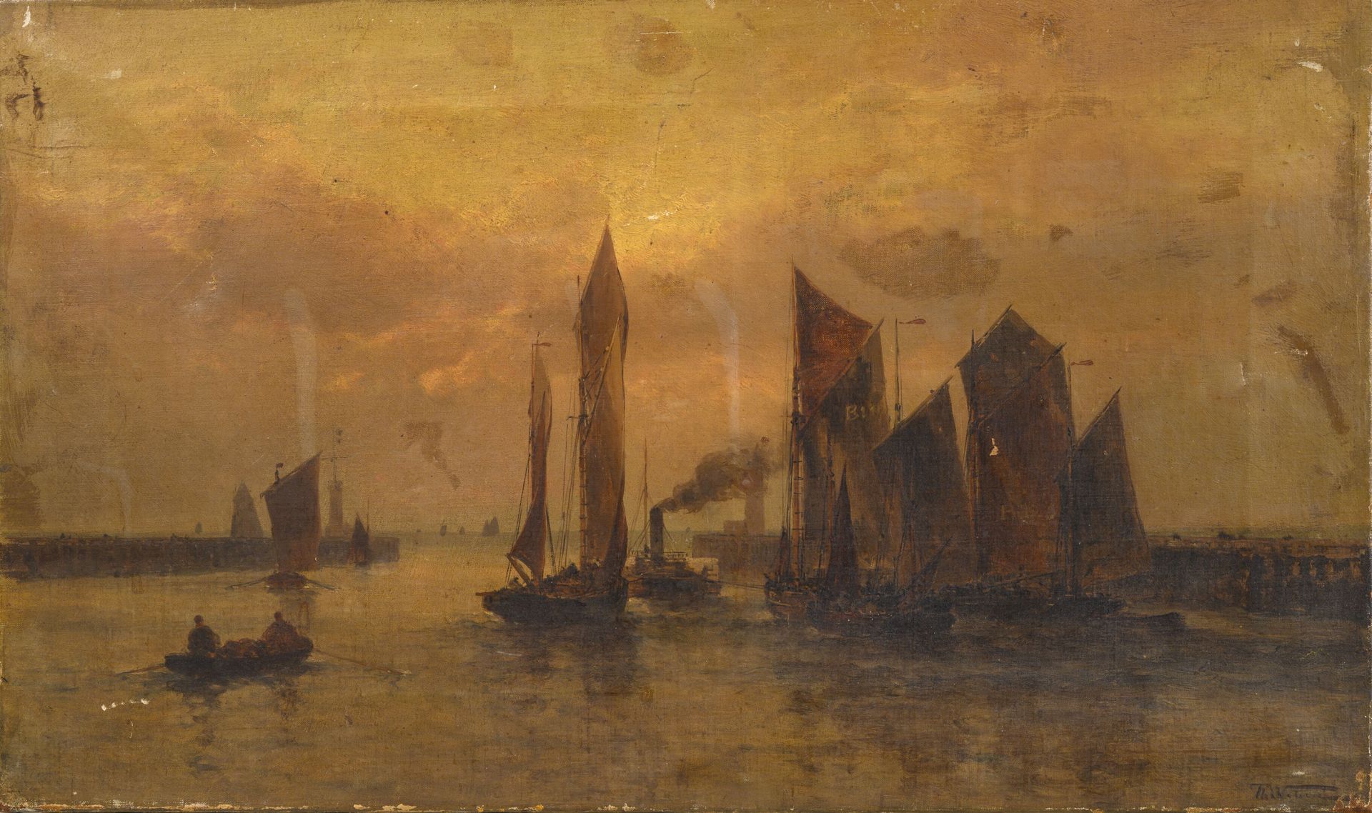 Ecole du XIXème siècle Le départ des bateaux de pêche à l'aube.

Huile sur toile&hellip;