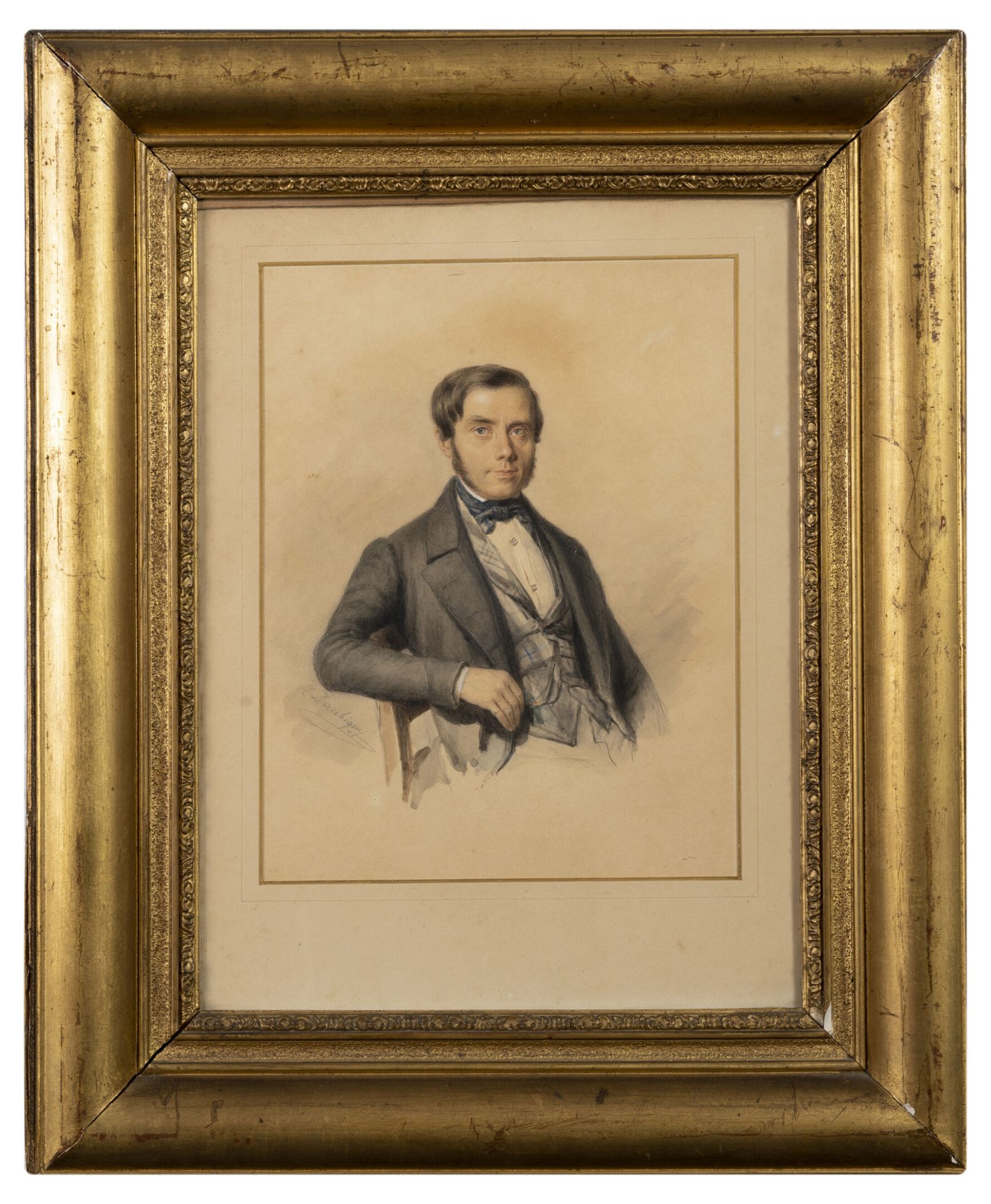 Ecole du XIXème siècle 一个穿格子呢马甲的男人的肖像。

水彩画。

左下方有多比尼的签名。

24 x 19厘米。(见图)。

木质框架&hellip;