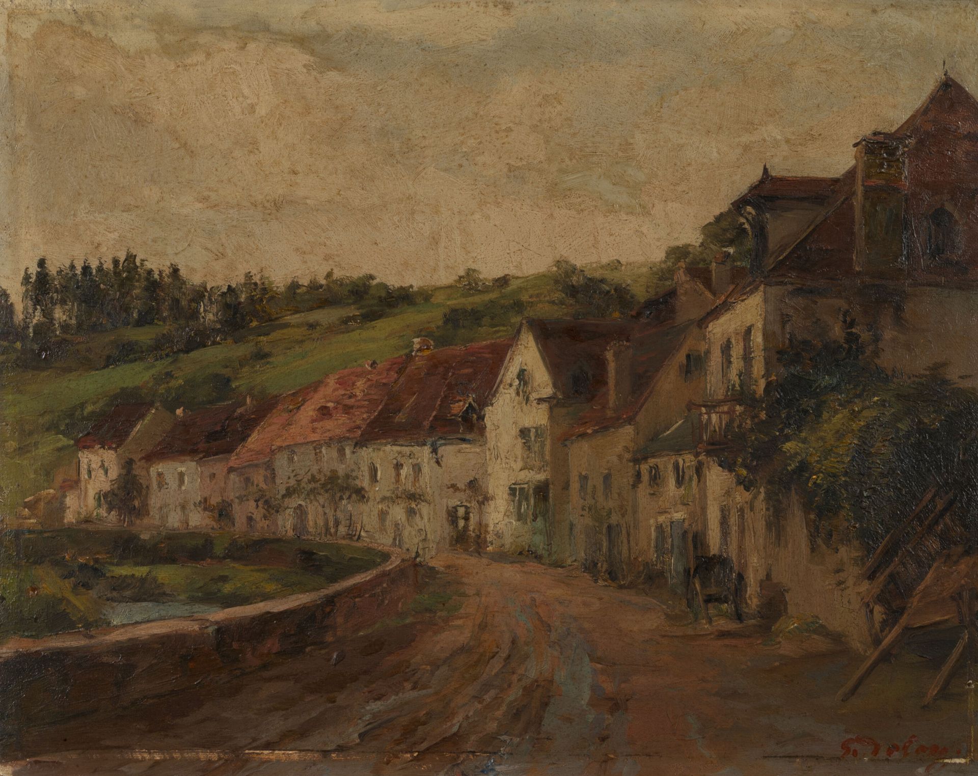 Georges DELOY (1856-1930) 沿着溪流的道路两旁都是房屋。

板上油彩。

右下方有签名。

32.5 x 41 厘米。

雾化的面板。
&hellip;