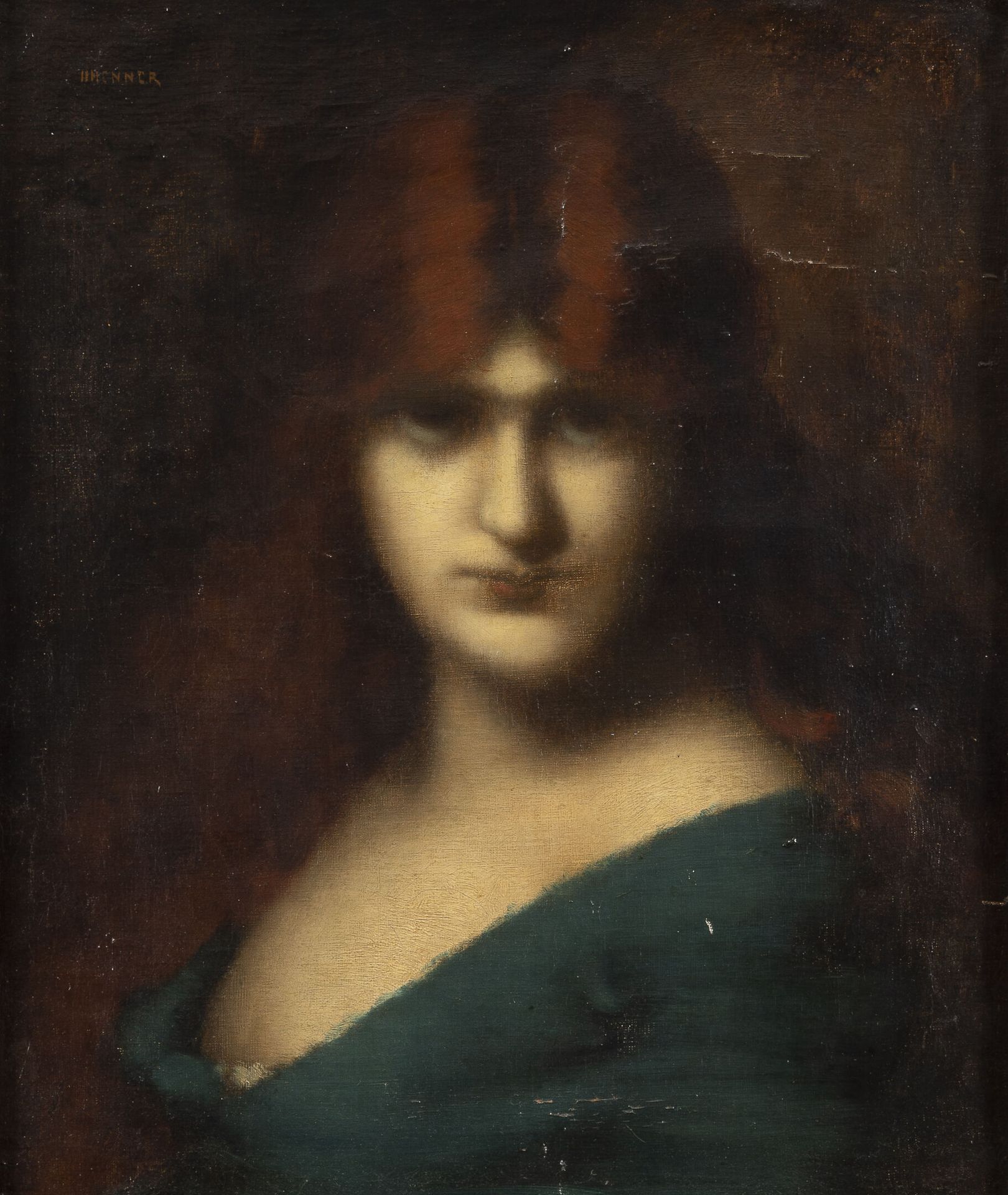 Dans le goût de Jean Jacques HENNER (1829 1905) Femme rousse au décolleté vert c&hellip;