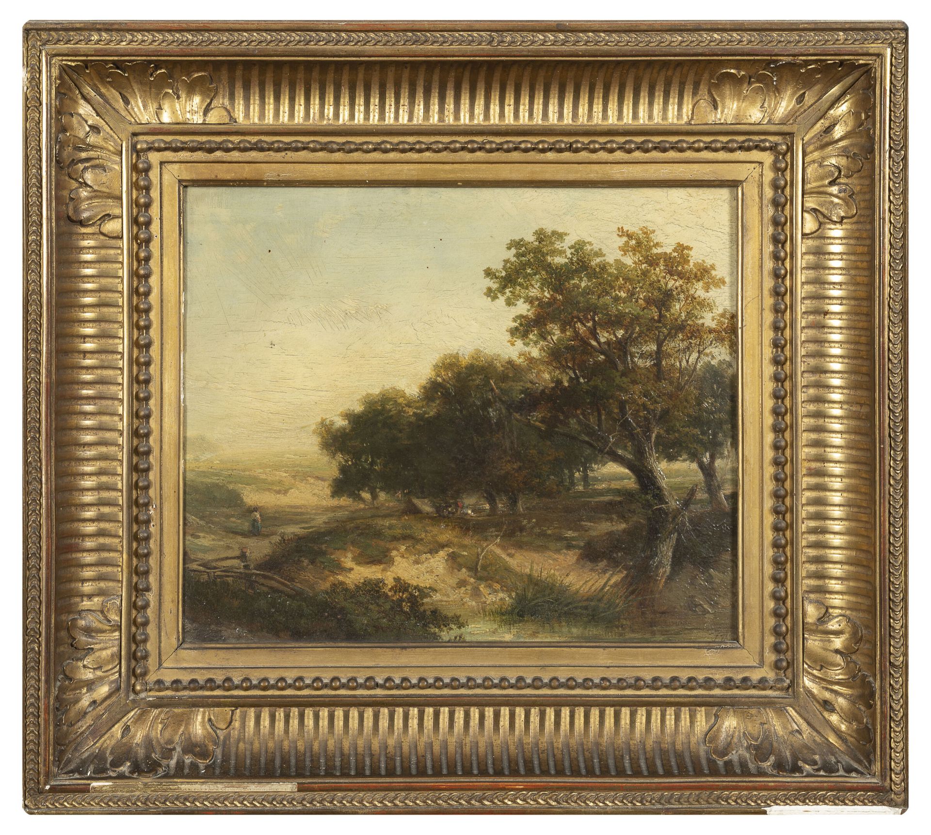 Ecole du XIXème siècle, attribuée à Joseph THORS (1835-1920) 树林中的风景，一个女人在一条小路上，在&hellip;