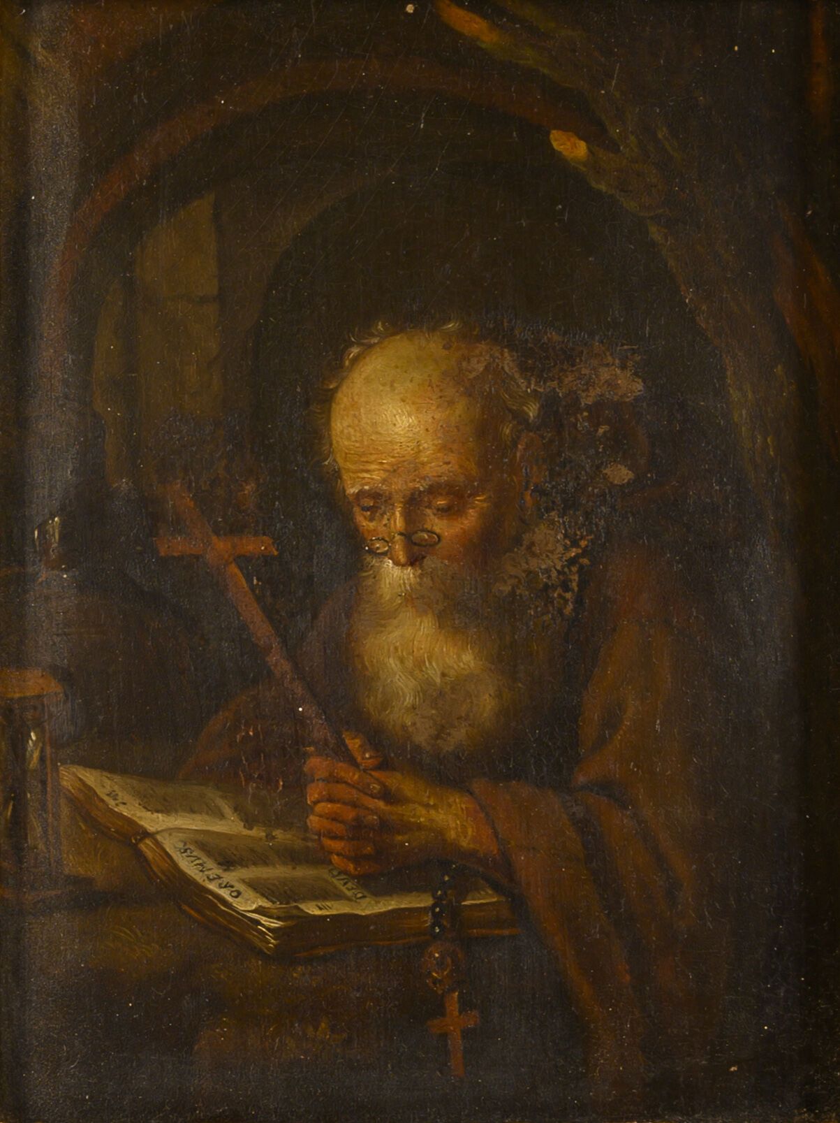 D'après Gérard DOU (1613-1675) 隐士。

板上油彩。

28 x 23厘米。

磨损和撕裂。

一个18世纪的鎏金木框架，四角装饰&hellip;