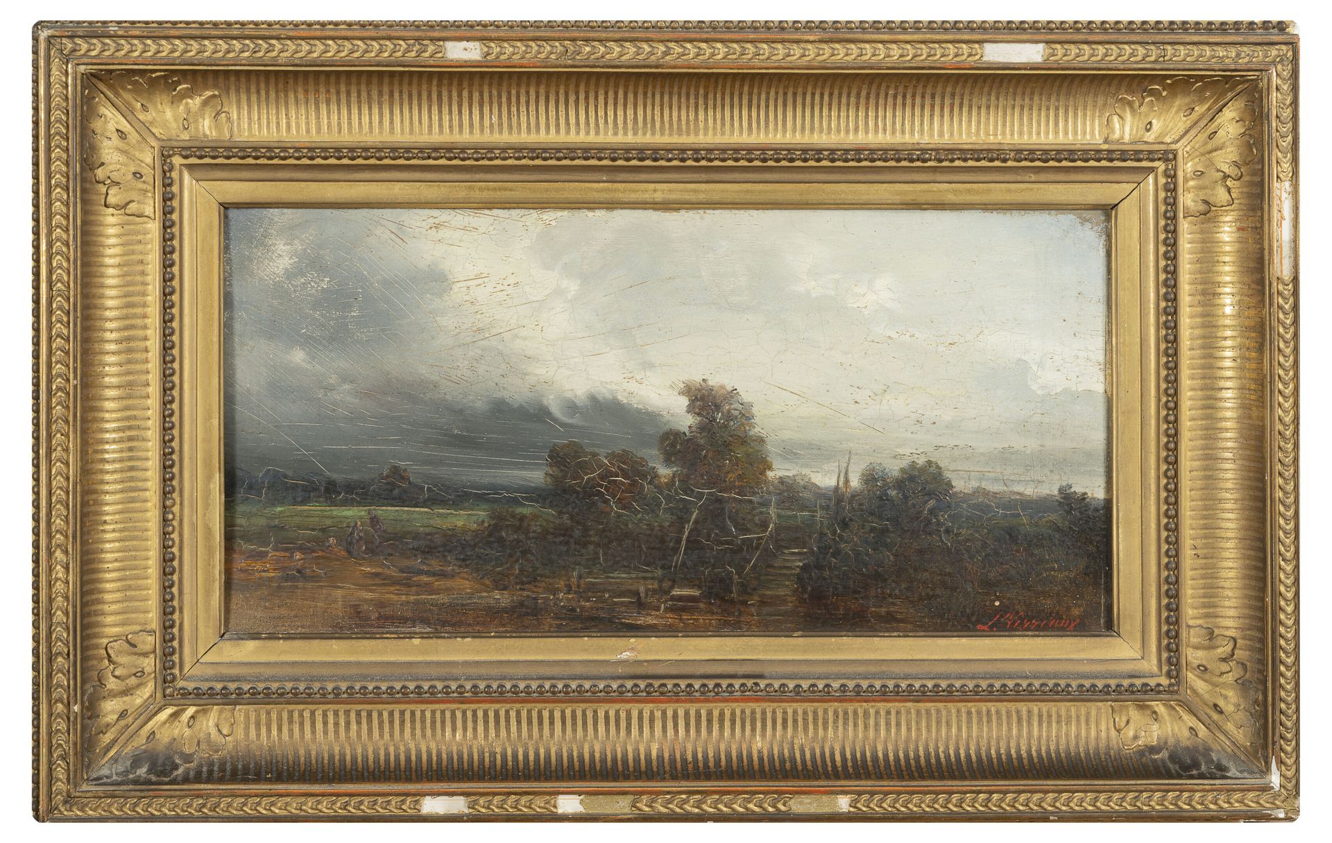 Louis Léon N. VERREAUX (XIXème siècle) 有树木的暴风雨景观。

板上油彩。

右下方有签名。

刮痕，裂缝。

木制和镀金&hellip;