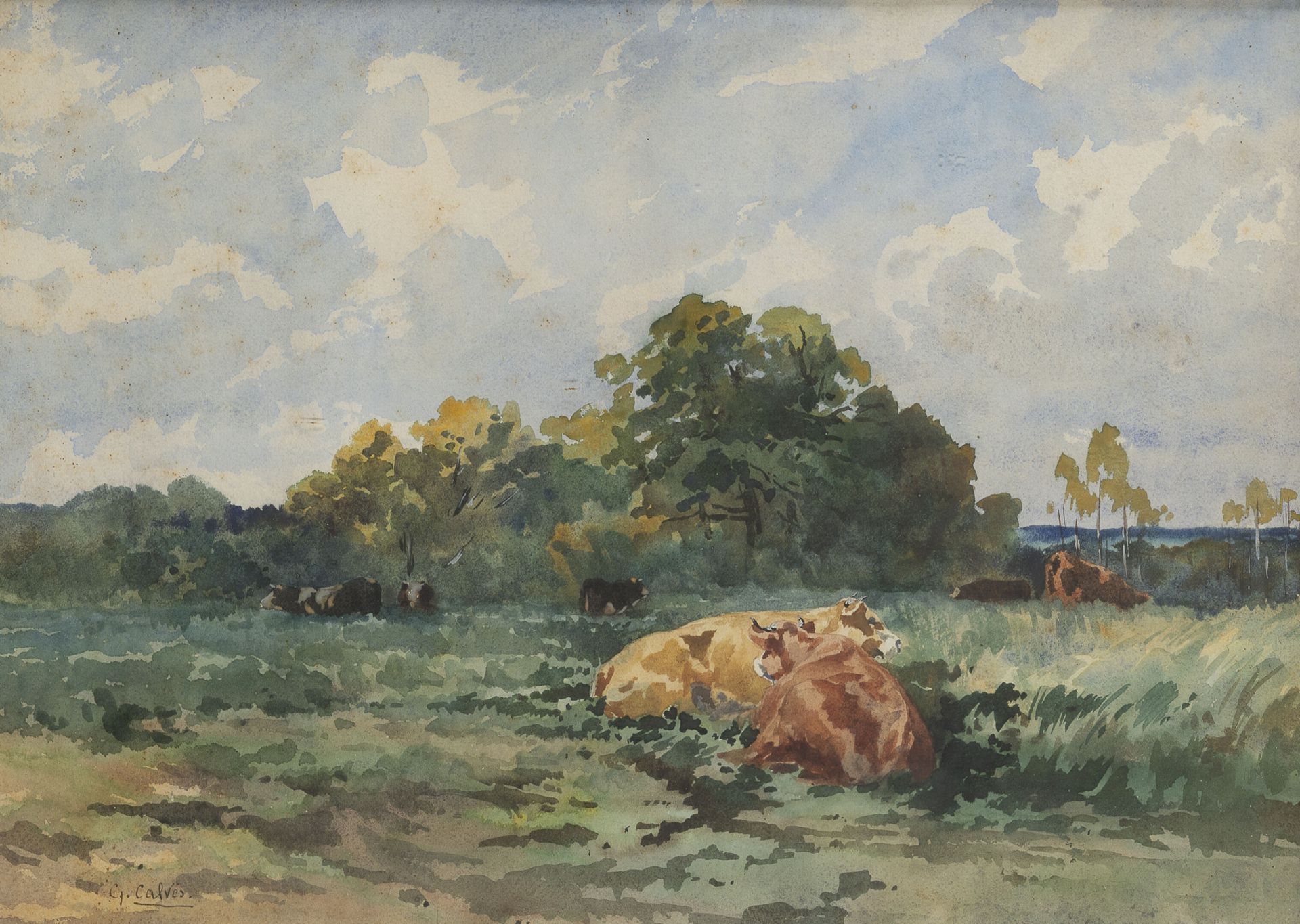 Léon Georges CALVES (1848-1923) Cows in a meadow.

Watercolor. 

Signed lower le&hellip;