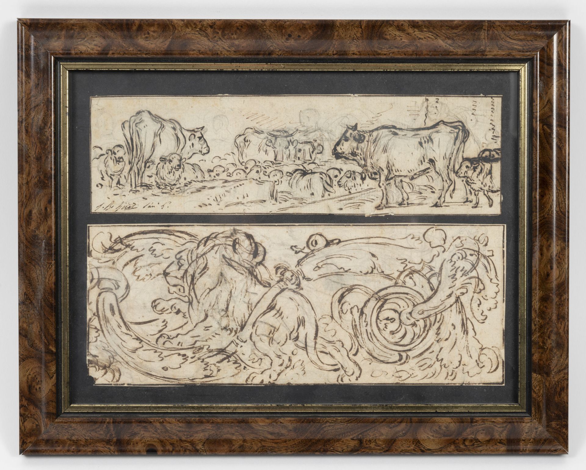 Attribué à Jean-Baptiste HUET (1745-1811) - 成群的奶牛。

- 狮子在树叶的交错中。

两幅水墨画在一个框架内。

&hellip;