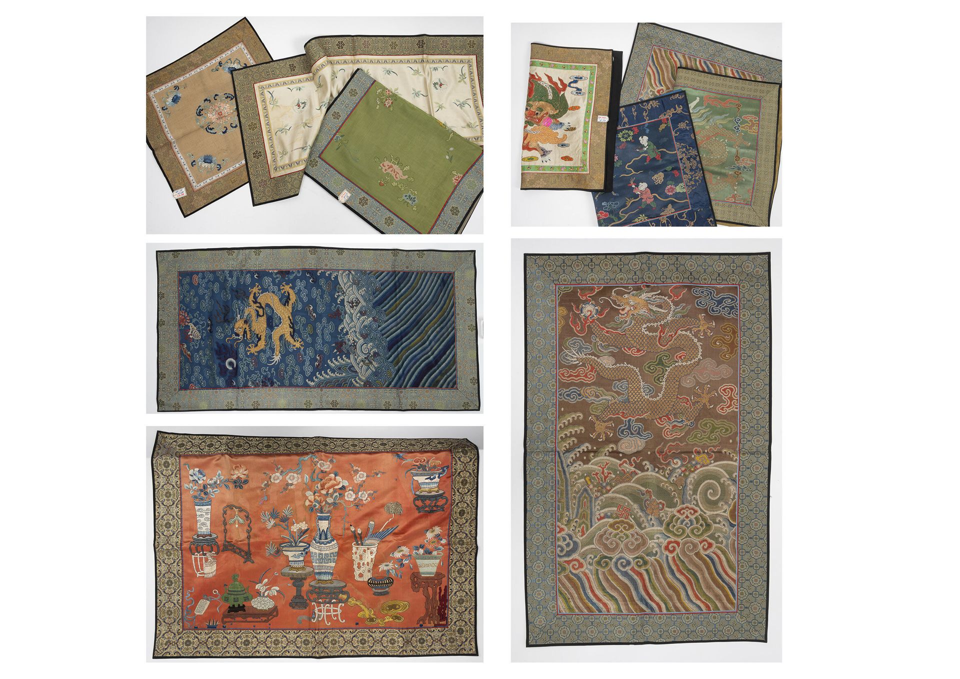 CHINE, XIXème-XXème siècles 
Lot of 9 polychrome silk fabrics in fragments, deco&hellip;