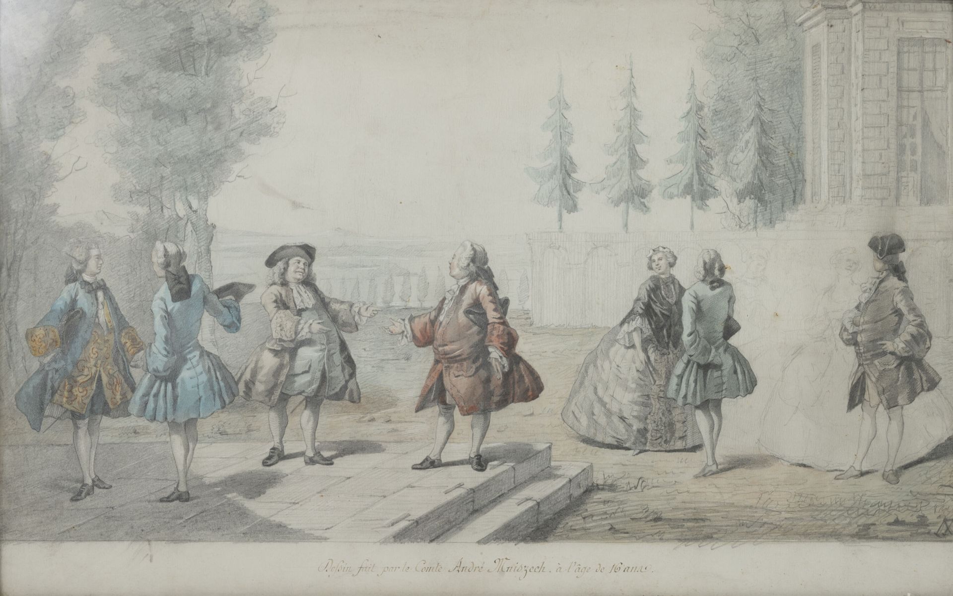 Attribué à Andrzej MNISZECH (1823 - 1905) 穿着18世纪服装的绅士和女士在公园里集会。

雷画和水彩画。

右下角有图案&hellip;