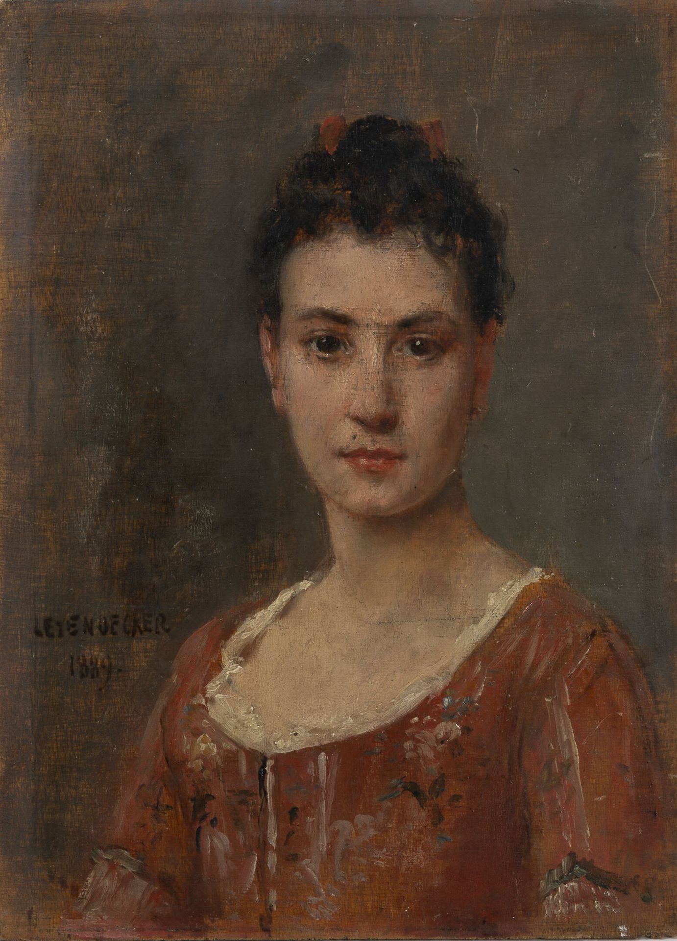 Paul Joseph LEYENDECKER (1842-?) 穿着橙色衣服的妇女的半身像。1889.

板上油彩。

左边有签名和日期。

21.5 x 1&hellip;