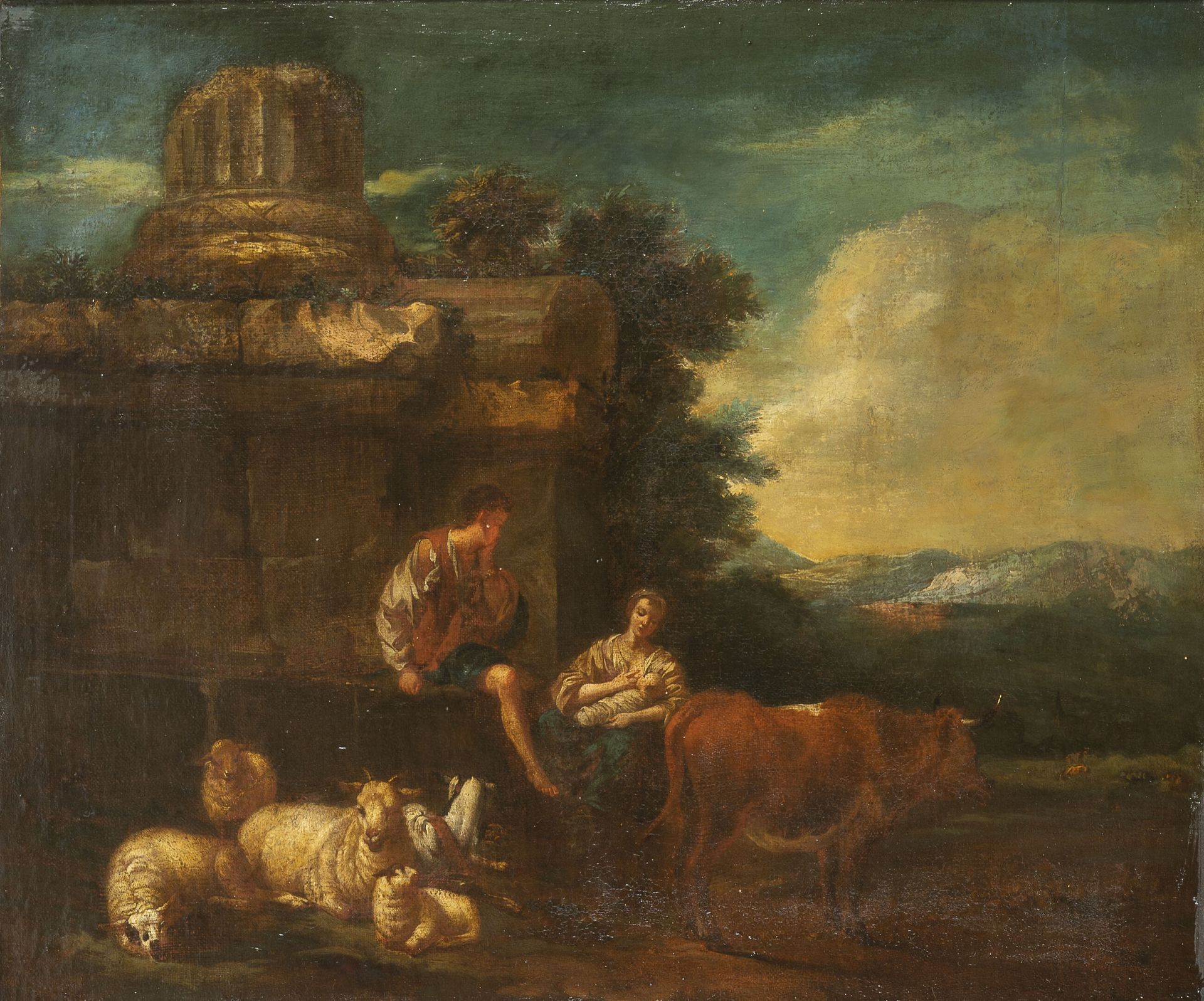 Ecole de la fin du XVIIème ou début du XVIIIème siècle 妇女在废墟前给孩子喂奶，她身边有一个牧羊人和他的羊&hellip;