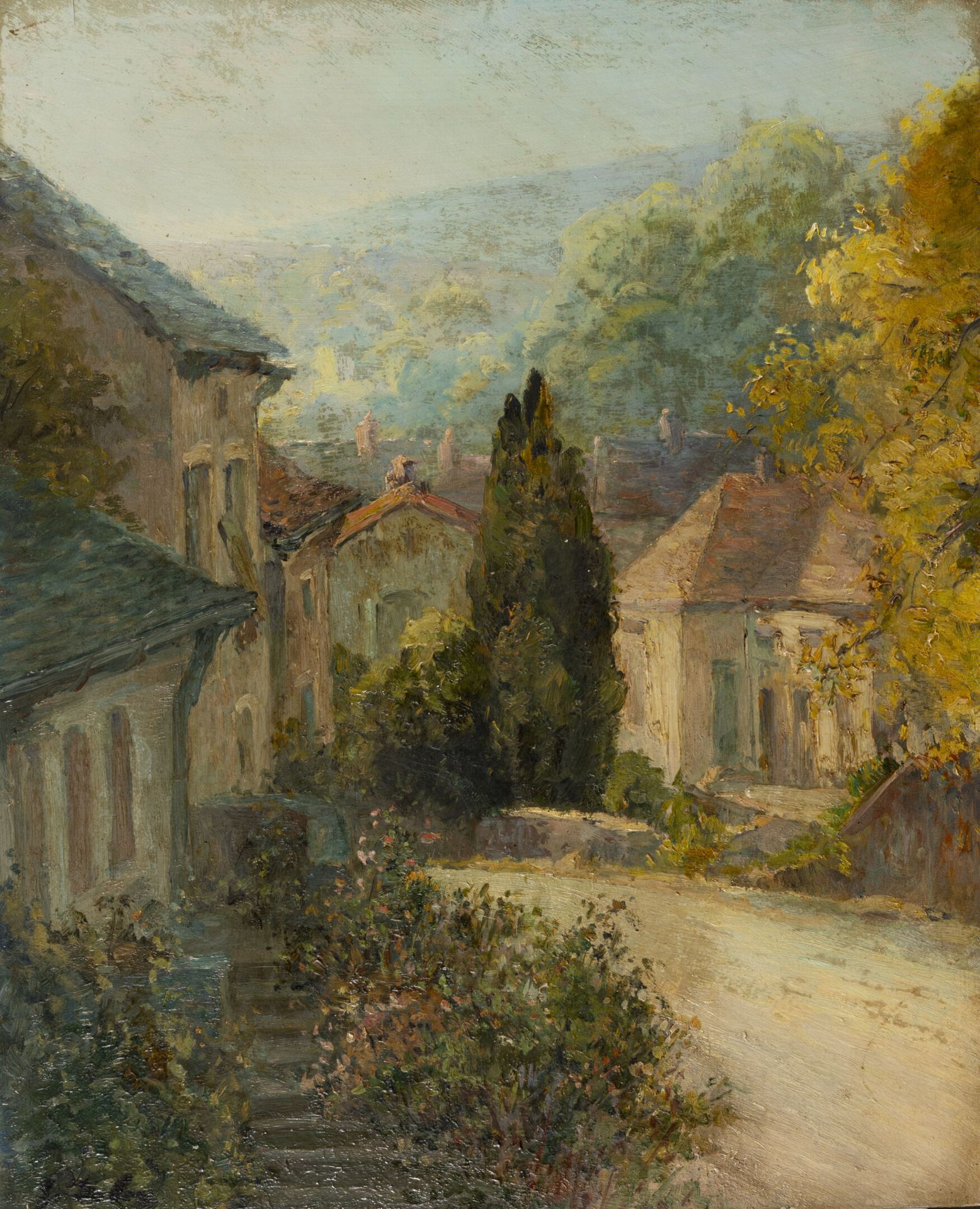 Georges DELOY (1856-1930) Entrée de village.

Huile sur panneau d'acajou.

Signé&hellip;