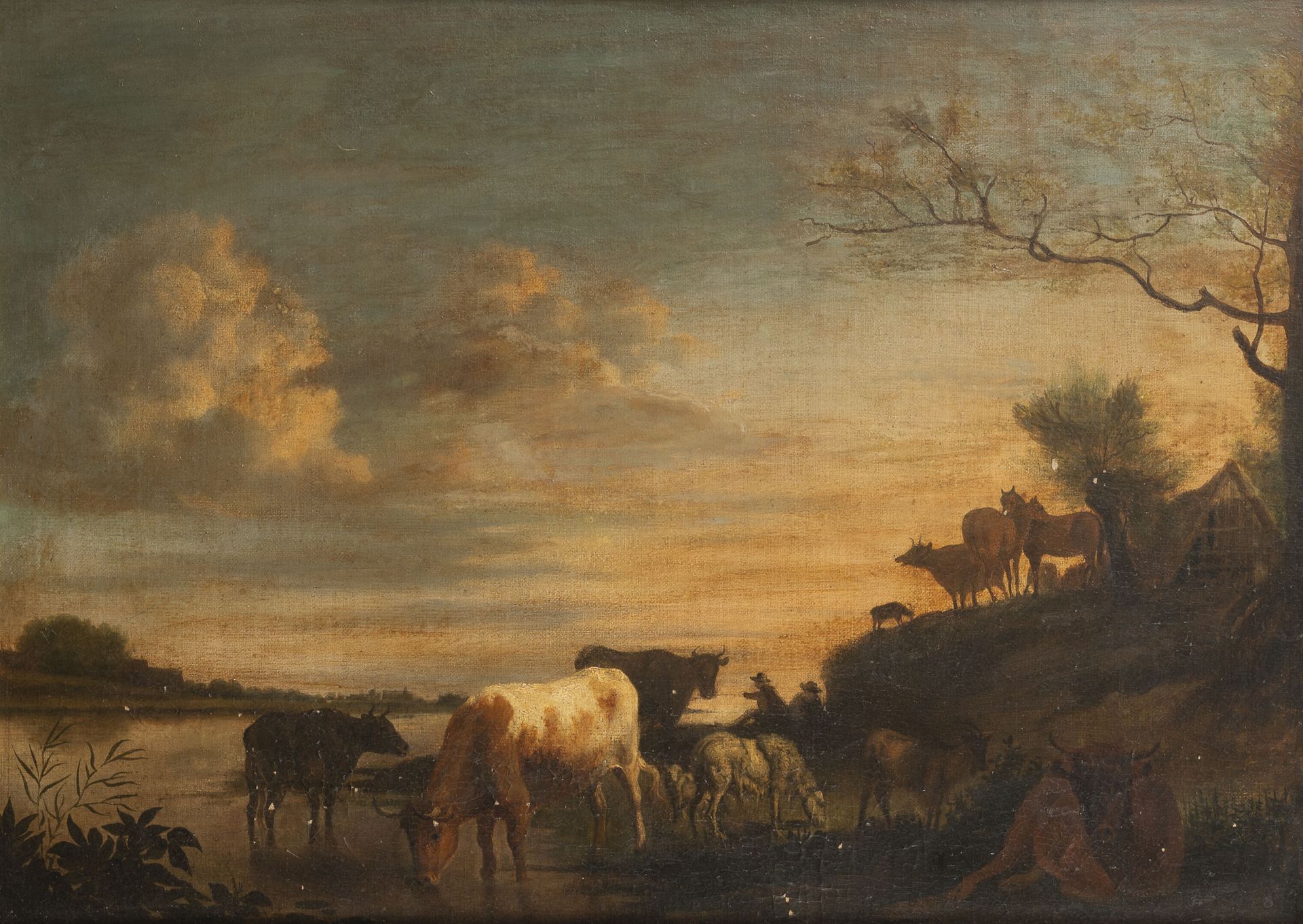 Ecole Hollandaise du XVIIIème siècle. Herd of cows drinking at dusk. 

Oil on ca&hellip;