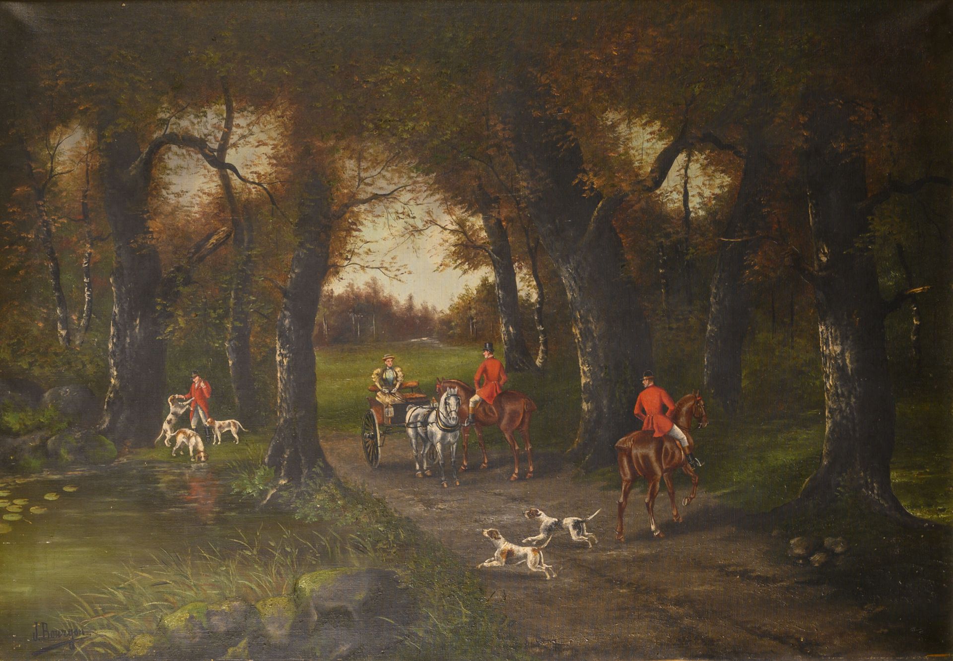 Ecole de la fin du XIXème ou début du XXème siècle 坐在马车上的女人和骑手在打猎。

布面油画。

左下方有J&hellip;