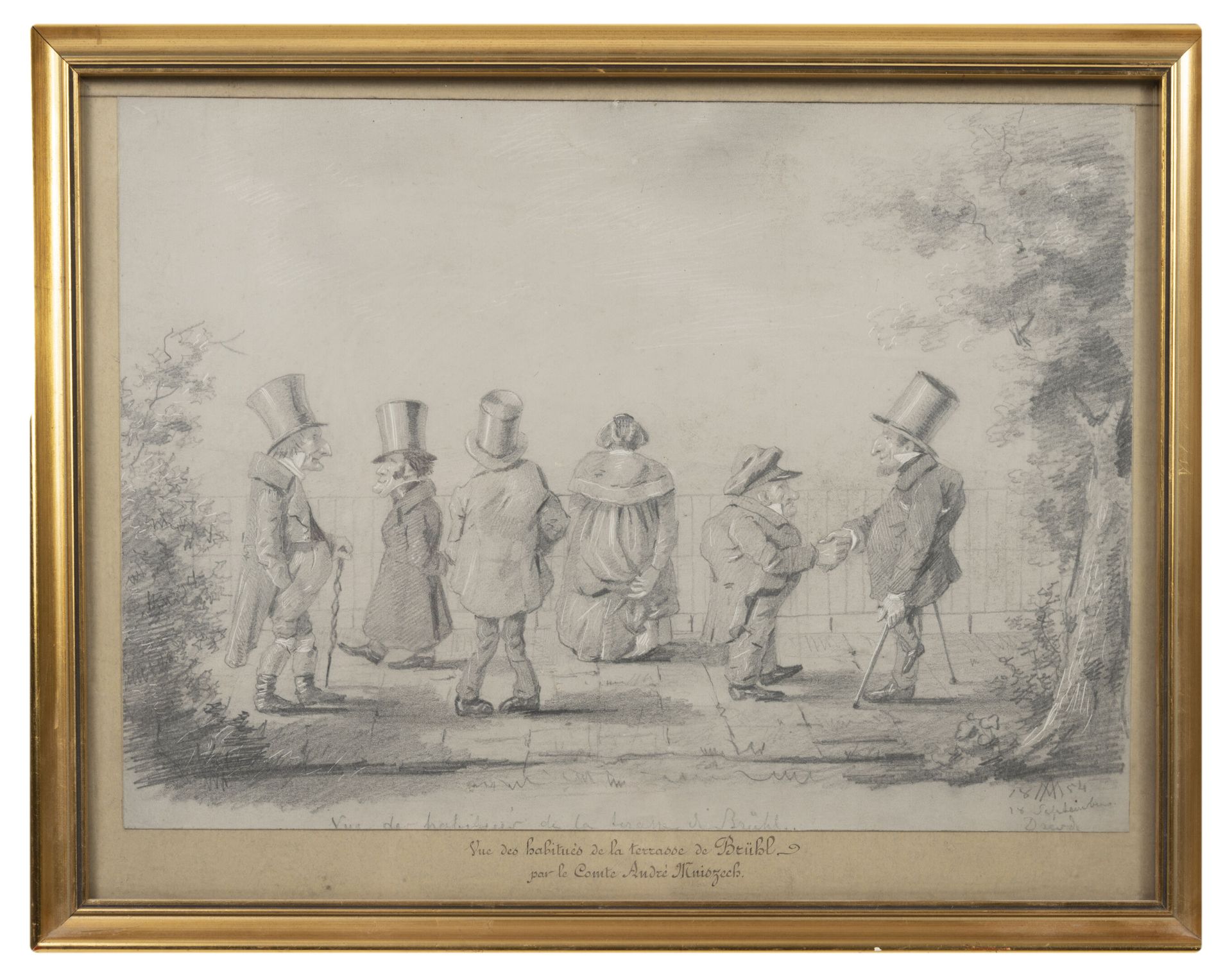Attribué à Andrzej MNISZECH (1823-1905) 漫画。

"布吕尔露台上的常客们的风景"。

铅笔和白色高光。

题目在底部。有&hellip;